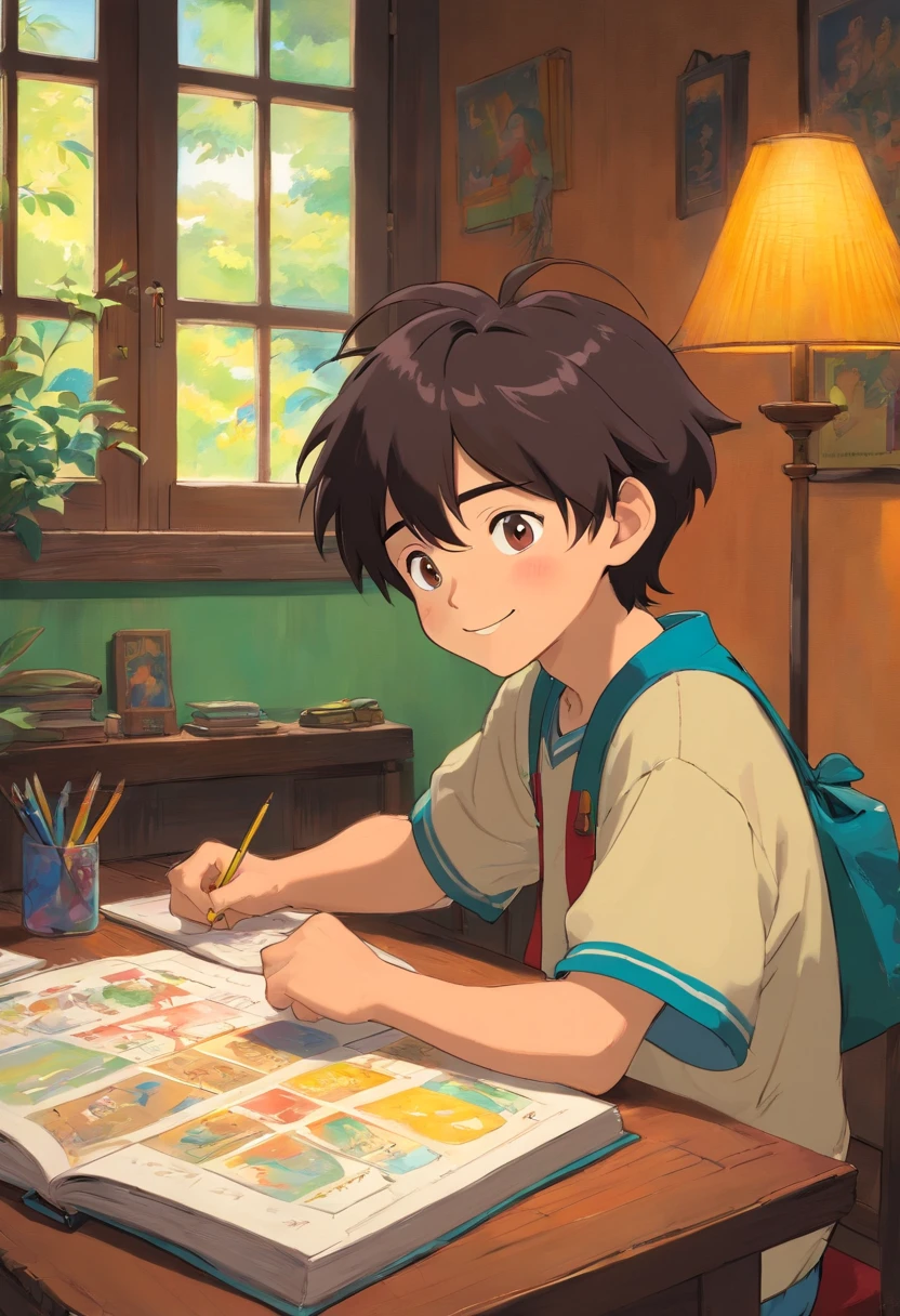 Lingling boy, smiling, with colorful animated stills, in a quiet room, with dark hair, doing homework by the window, with his back facing the audience Paul Gauguin, in a Parker hat style, honest portrayal,