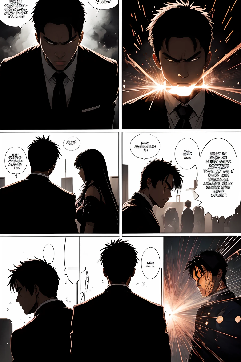 （Illustration sub-shots）Black and white Japanese manga，There are multiple panels on the page:: The man roared angrily，He shook his fist，Deal a fatal blow to the school bully。Picture from《Fight》Magazines,《Hot-blooded universities》author：tatsuki fujimoto。Highly detailed dynamics reveal the film's clear lines。（Action burst shots）:: Stunning，Vivid lighting and vivid shadows，Smoke transformation，Arc of light，Explosive particles，Strong visual impact.Background with::In the classroom where the class is held，shot of::Close-up of face and action - niji 5 --q 2 ---16K（Speech bubbles with text，Comic sound effect stickers）