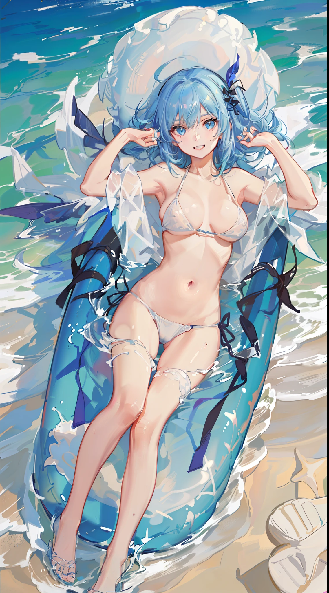 young girl, short multi-colored hair, blue eyes, Smile, teeth, Beach Hat, sexy swimsuit, open belly, open breasts, Beach, lying on sand, water, hiquality, 4k, HD, Good detail