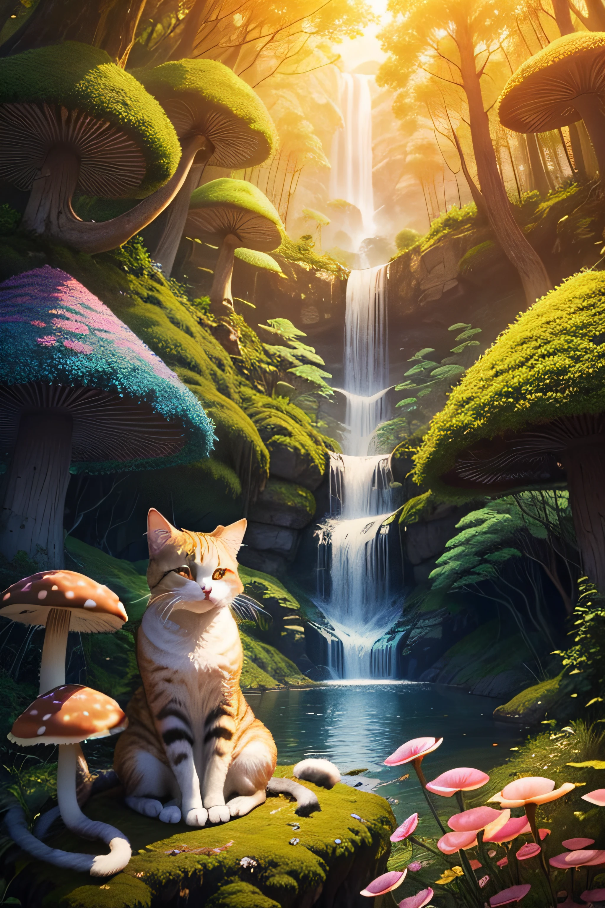 cat sitting on cherry pie in forest with mushrooms, waterfall, pyramids, flowers, and trees in the background