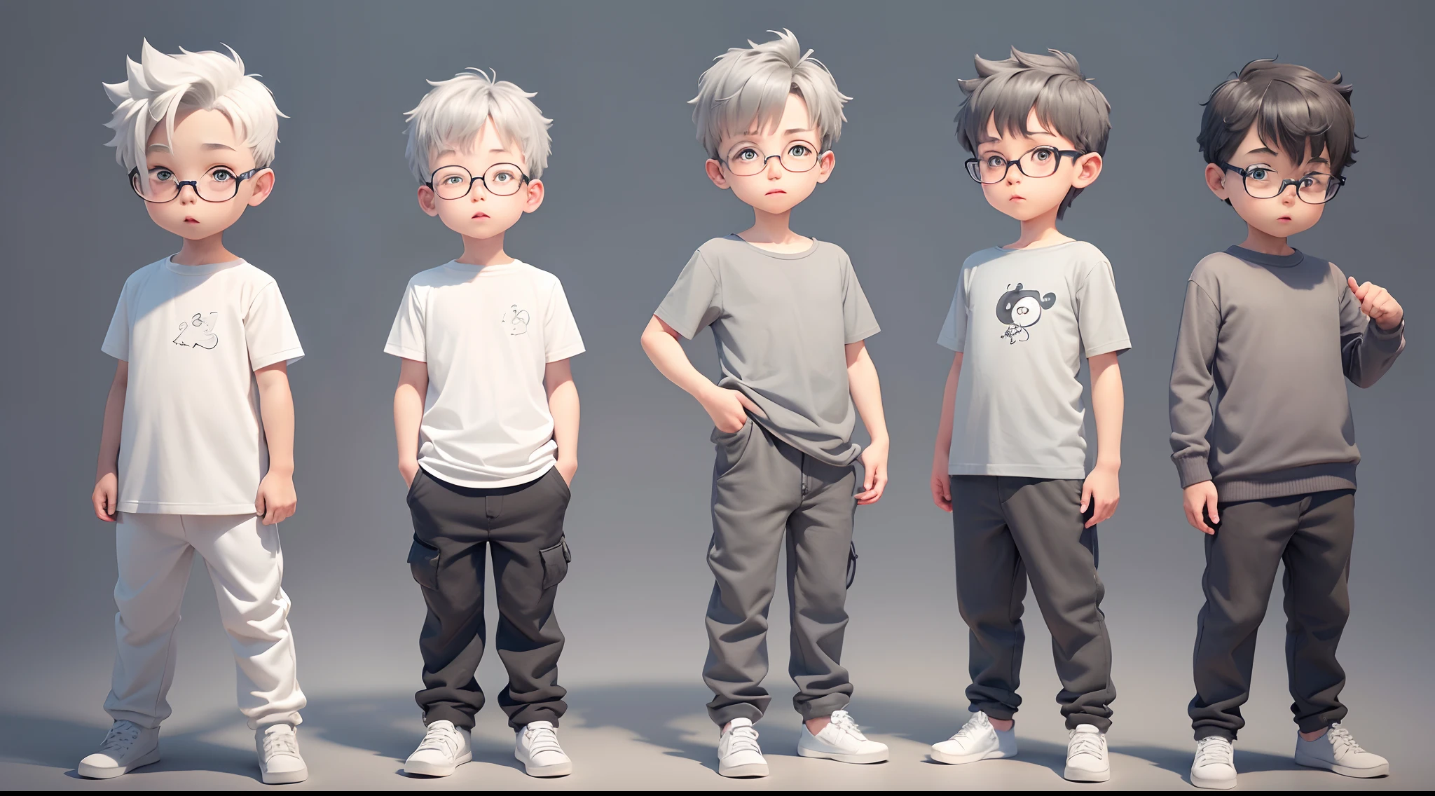 gray boy character, multiple poses and expressions, 4 poses, full body, children's book illustration style, simple, cute, artist, full color, 3d model, light and shadow, gray clothes, wear glasses, flat color, white background.
