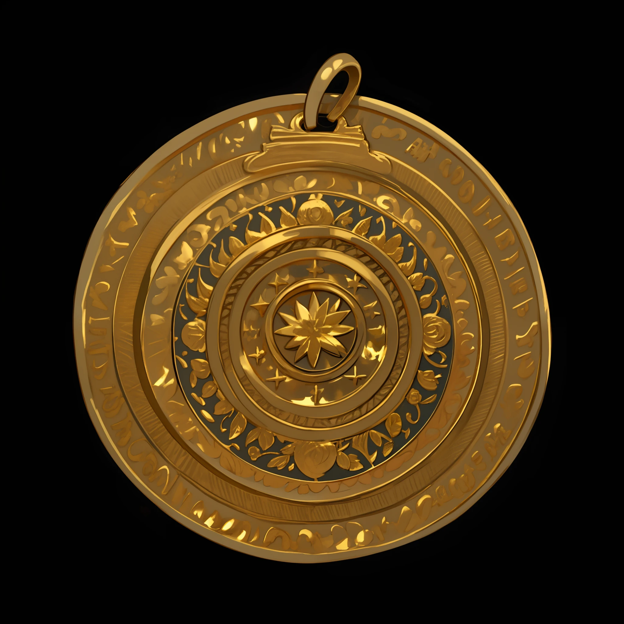 a close up of a gold coin with a circular design, pendant, medallion, gold adornments, amulet, gold adornements, gold gilded circle halo, gold decoration, gold, elaborate gold jewelry, medallions, an ancient, gold ornate jewely, bronze, 17th-century, ornate, 1 2 0 0 bc, gold ornaments