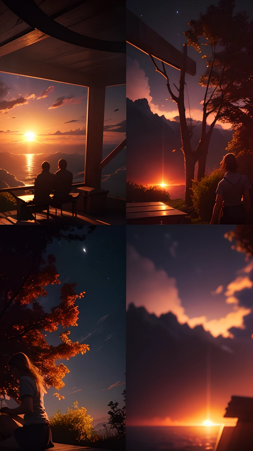 A couple of people sitting on a bench watching the sunset - SeaArt AI
