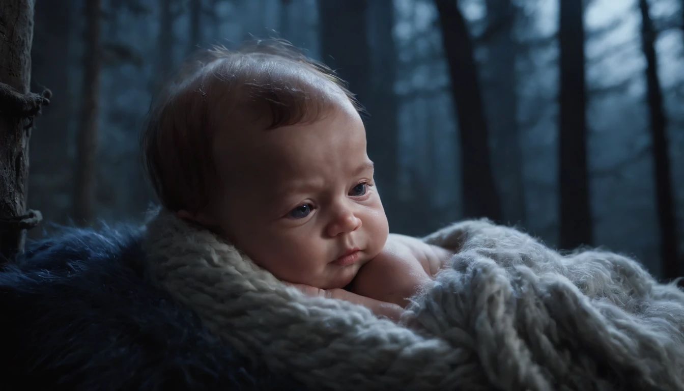 On a snowy night, On the edge of the mysterious forest scene in the movie, A  lies wrapped in wool and fur. The eerie atmosphere of medieval Hungary surrounds the scene, creating a cinematic atmosphere. The baby is delily depicted, Intricate details of soft wool and fur are emphasized. The darkness of the night enhances the mysterious aura, The tree々Shadows cast on the moonlight passing between. The scene is wrapped in a cool color scheme, As blue and purple reign, Adds to the mystique of the setting. The lighting is carefully made, Dim natural light plays an important role in creating the atmosphere. The prompt is、Enhance the high quality and detail of the image, Focus on realistic and photorealistic attributes. The prompt has a、Art style and texture elements are also incorporated, Describe the scene as a medium for cinematic scenery.