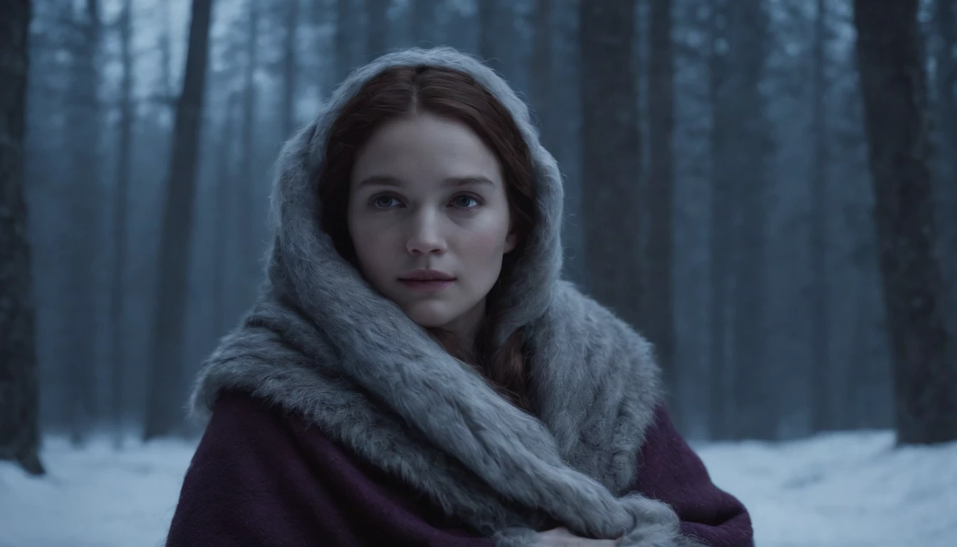 On a snowy night, On the edge of the mysterious forest scene in the movie, A newborn baby lies wrapped in wool and fur. The eerie atmosphere of medieval Hungary surrounds the scene, creating a cinematic atmosphere. The baby is delicately depicted, Intricate details of soft wool and fur are emphasized. The darkness of the night enhances the mysterious aura, The tree々Shadows cast on the moonlight passing between. The scene is wrapped in a cool color scheme, As blue and purple reign, Adds to the mystique of the setting. The lighting is carefully made, Dim natural light plays an important role in creating the atmosphere. The prompt is、Enhance the high quality and detail of the image, Focus on realistic and photorealistic attributes. The prompt has a、Art style and texture elements are also incorporated, Describe the scene as a medium for cinematic scenery.