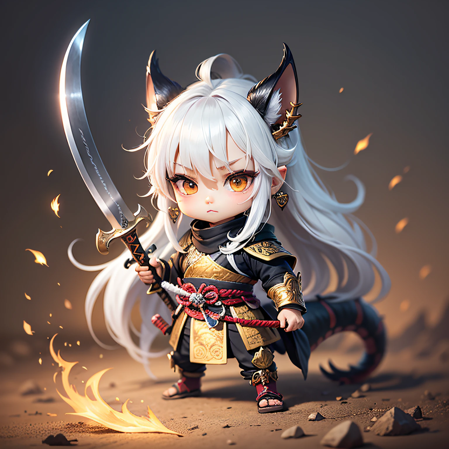 Chibi character with black samurai outfit, Dragon at the back, wielding a sword, handsome, long hair, white hair, golden earrings."