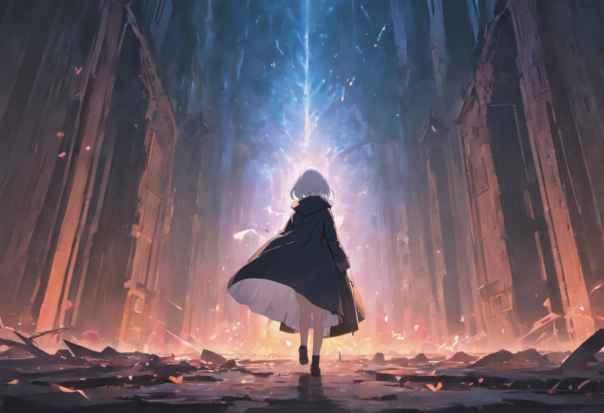 A man in an overcoat and a white-haired schoolgirl in a skirt face away from the photo,Walk through vast ruins,Under a black sky,In the distance, There is a blurry purple monster in the fog。