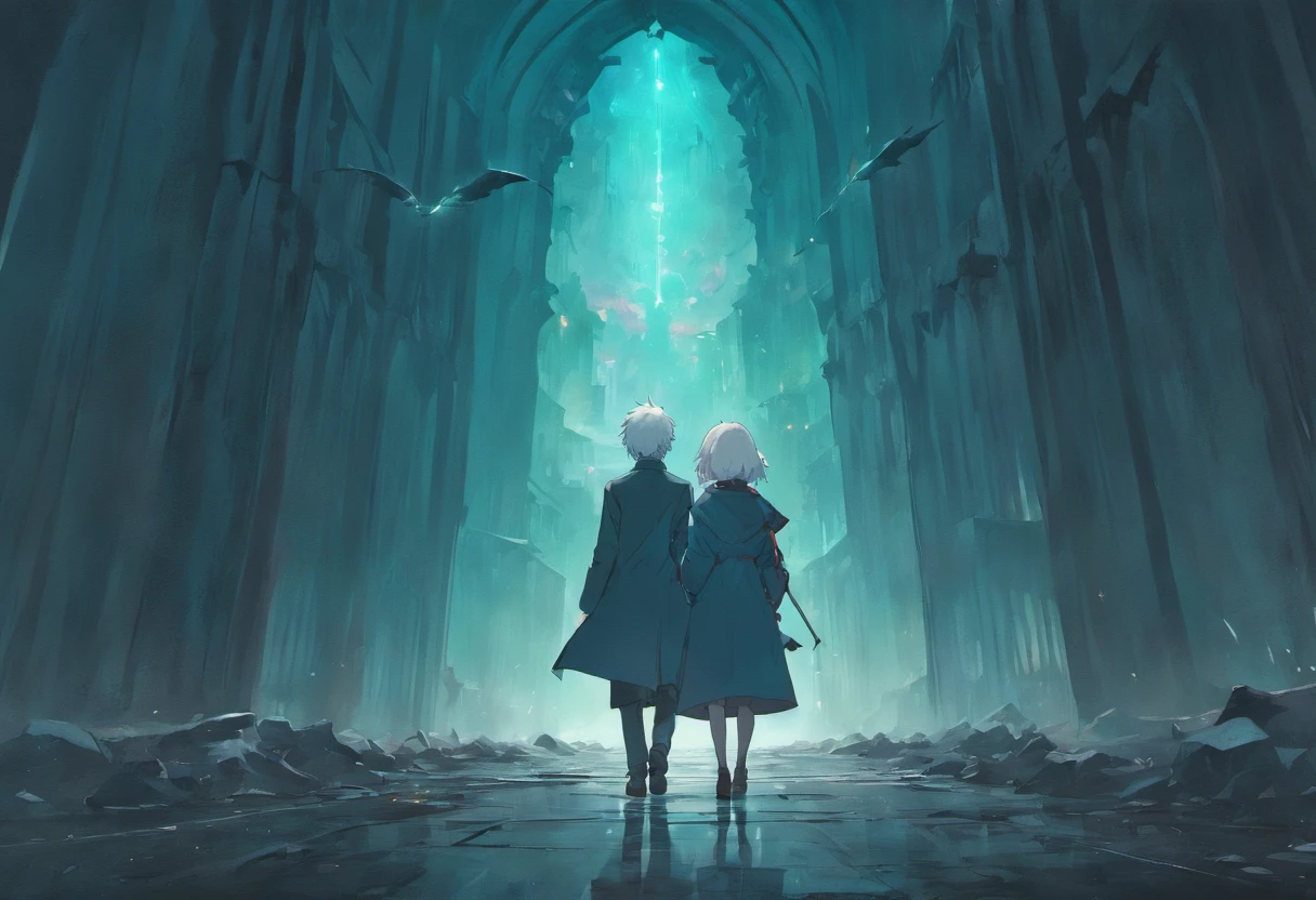 A man in an overcoat and a white-haired schoolgirl in a skirt face away from the photo,Walk through vast ruins,Under a black sky,In the distance, There is a blurry purple monster in the fog。