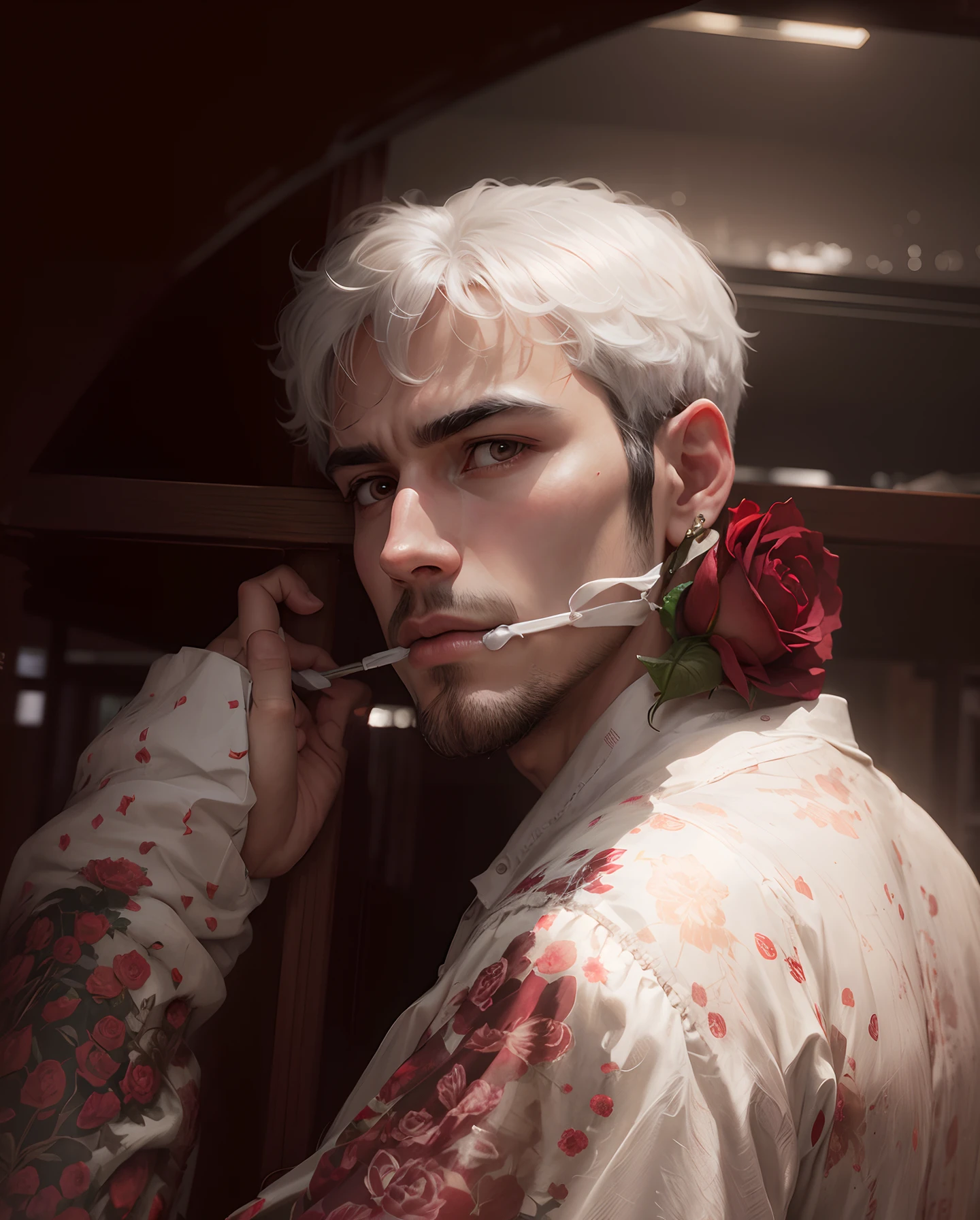 Handsome man black hair, with white shirt ,red rose in mouth  Ultra realistic, hd,high quality, high detailed, clean,