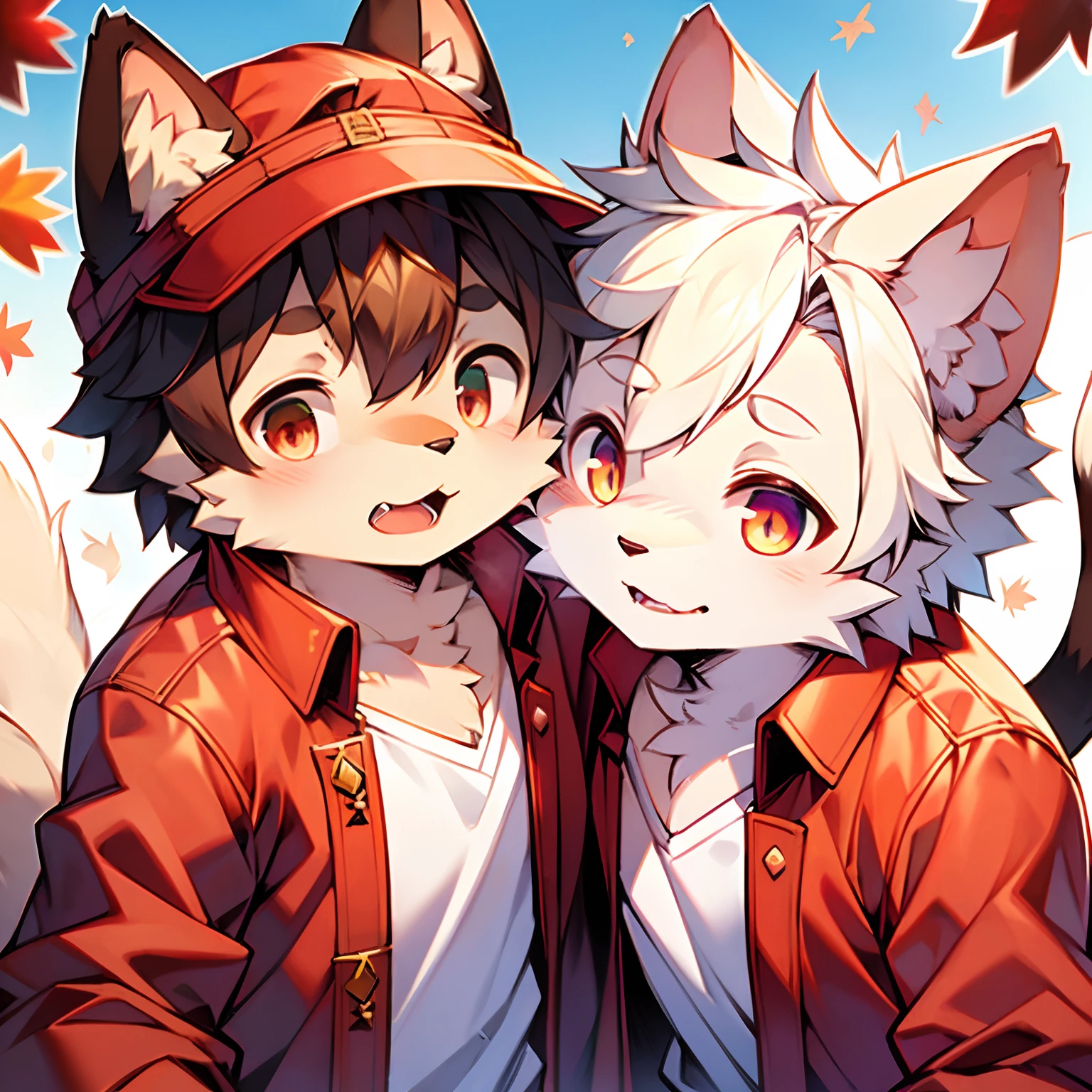 eyes with brightness,Bust photo of the character,Q version,头像框, Character focus,独奏, shaggy, Furry male cat, White fur for men, Red left eye,The right eye is blue,Little cute, Will sell moe,Wear a red trench coat,Maple leaves fall from the sky