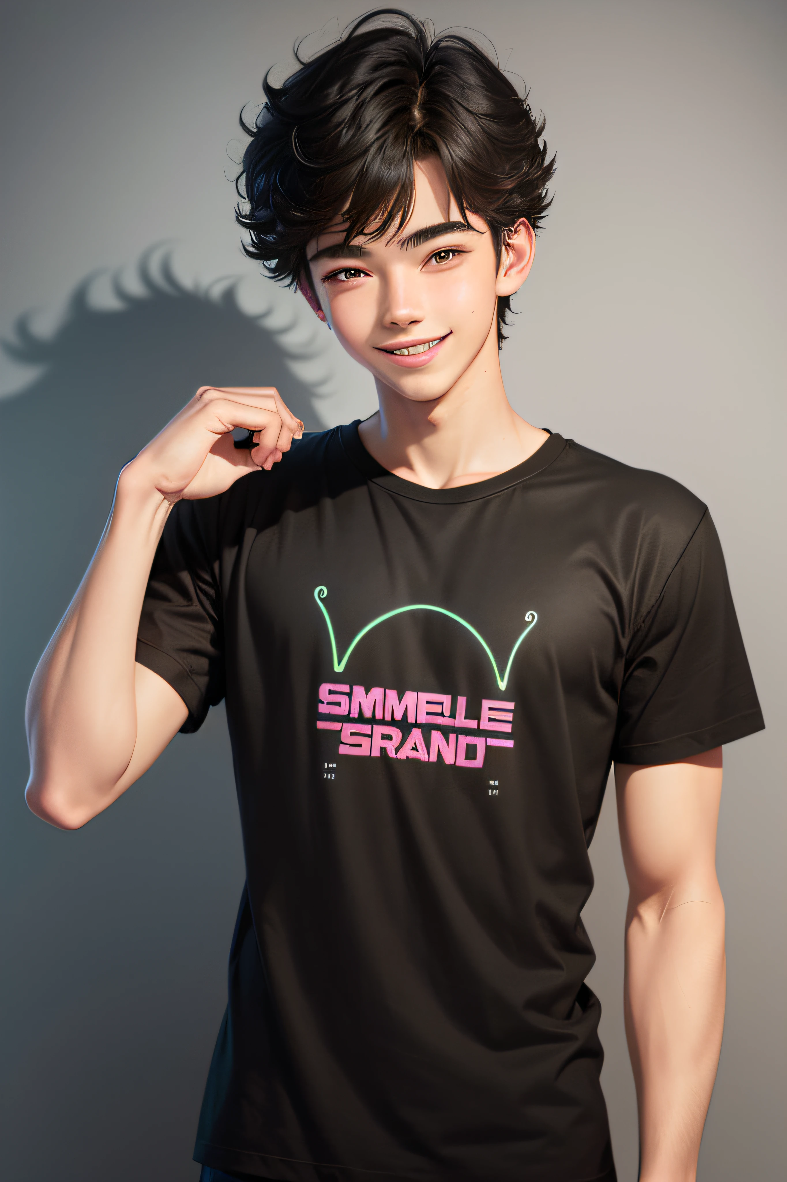 handsome boy smile,, neon, happy, full black t-shart