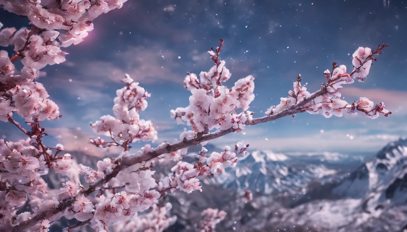 Laurel branches，Shot at a 15-degree elevation angle for medium and close ranges，petals，Osmanthus flowers flying，Top daylight，Refreshing style，Snowy mountains in the distance，Ultra-clear image quality