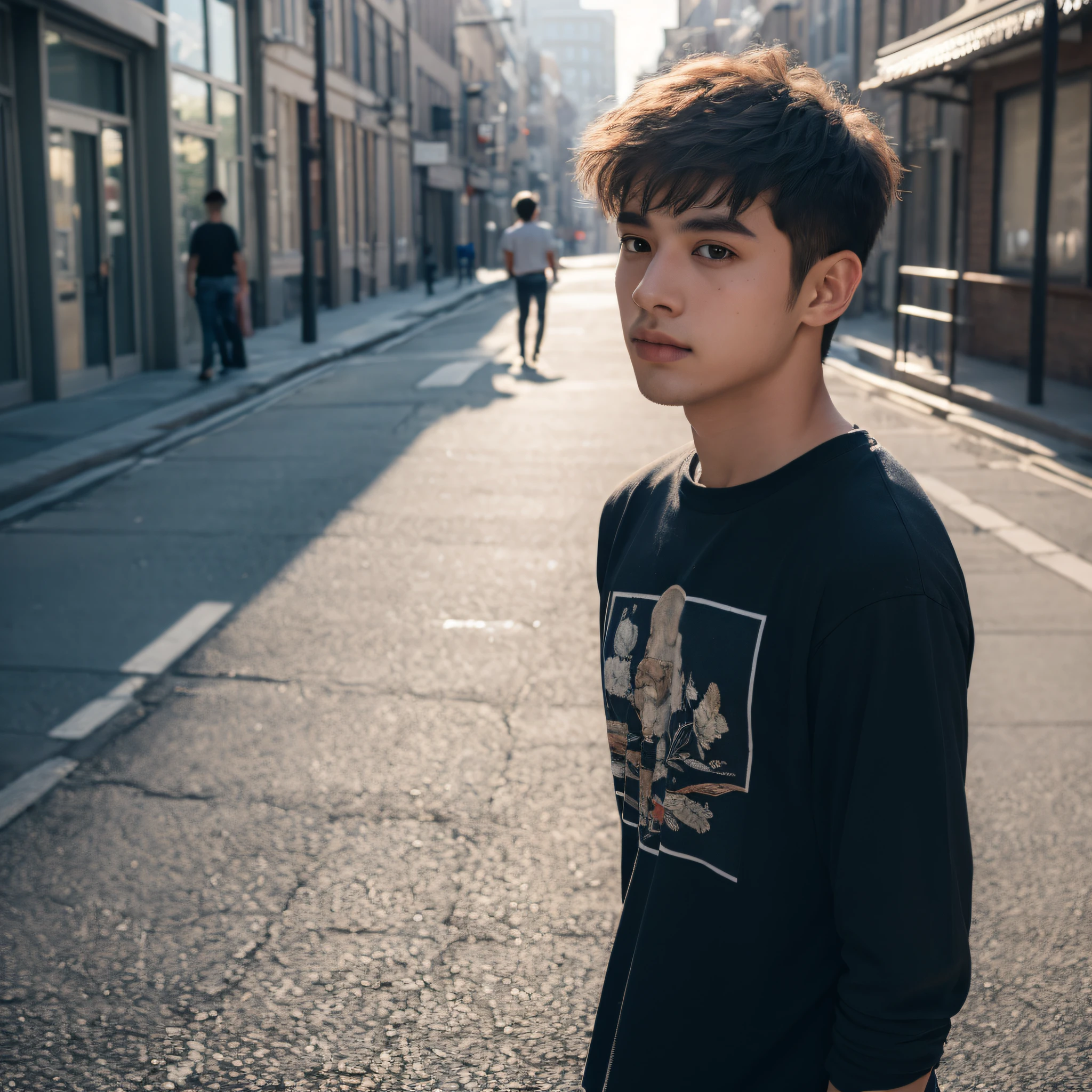 Raw photography, 1boy, Male Focus, Topless young man, hair messy, Looking at Viewer, in a street, Beautiful lighting, deepshadow, Best Quality, masutepiece, Ultra-high resolution, Photorealsitic, Blurry background、white t-shirts、Upper body 0.5，vividness, ((​masterpiece, top-quality, ultra-detailliert, ciinematic light, intricate detailes, hight resolution, 8k, ighly detailed)),detailedbackground, 8k UHD, Digital SLR, Soft lighting, hightquality, film grains, FujifilmXT3, Shallow depth of field, natural soft light, (perfect hand)、face perfect