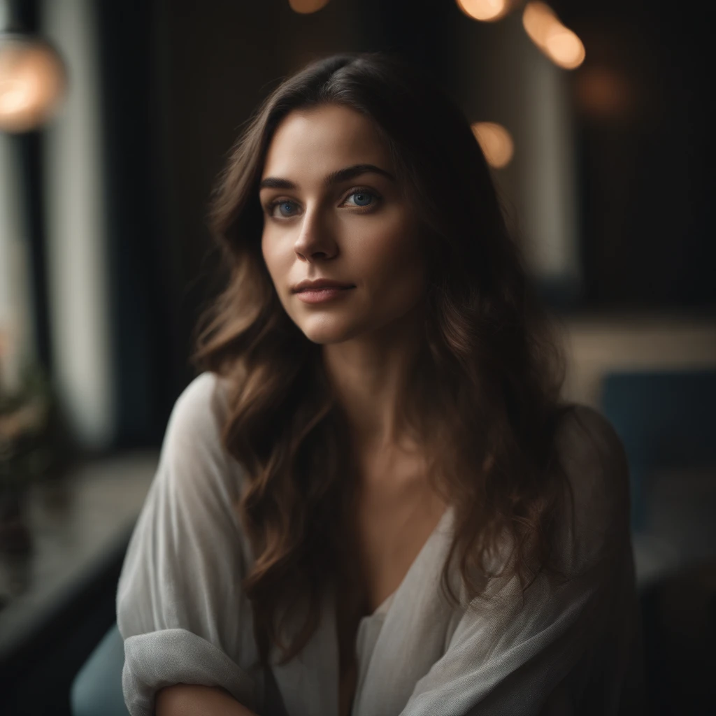 Femme aux yeux bleus, , cheveux brun et grands yeux, selfie of a young woman, sans maquillage, looking straight at camera, Visage avec Artgram, Maquillage subtil, visage doux, not too pale skin, moyennne mensuration et belle taille