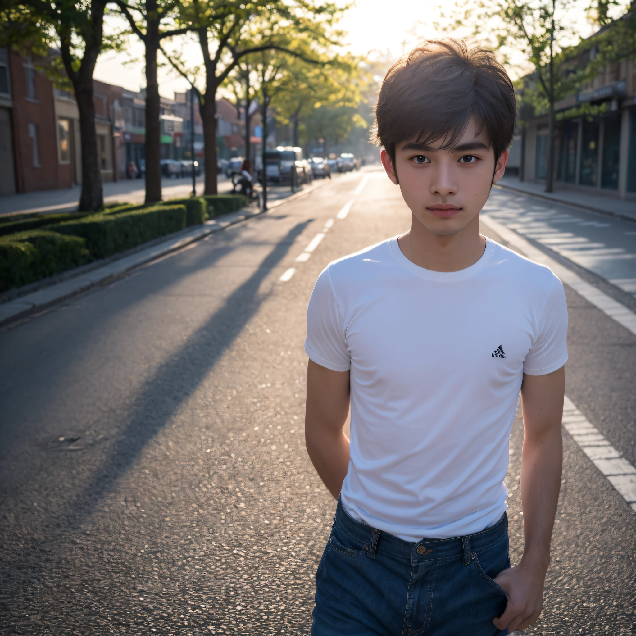 Raw photography, 1boy, Male Focus, Topless young man, hair messy, Looking at Viewer, in a street, Beautiful lighting, deepshadow, Best Quality, masutepiece, Ultra-high resolution, Photorealsitic, Blurry background、white t-shirts、Upper body 0.5，vividness, ((​masterpiece, top-quality, ultra-detailliert, ciinematic light, intricate detailes, hight resolution, 8k, ighly detailed)),detailedbackground, 8k UHD, Digital SLR, Soft lighting, hightquality, film grains, FujifilmXT3, Shallow depth of field, natural soft light, (perfect hand)、face perfect