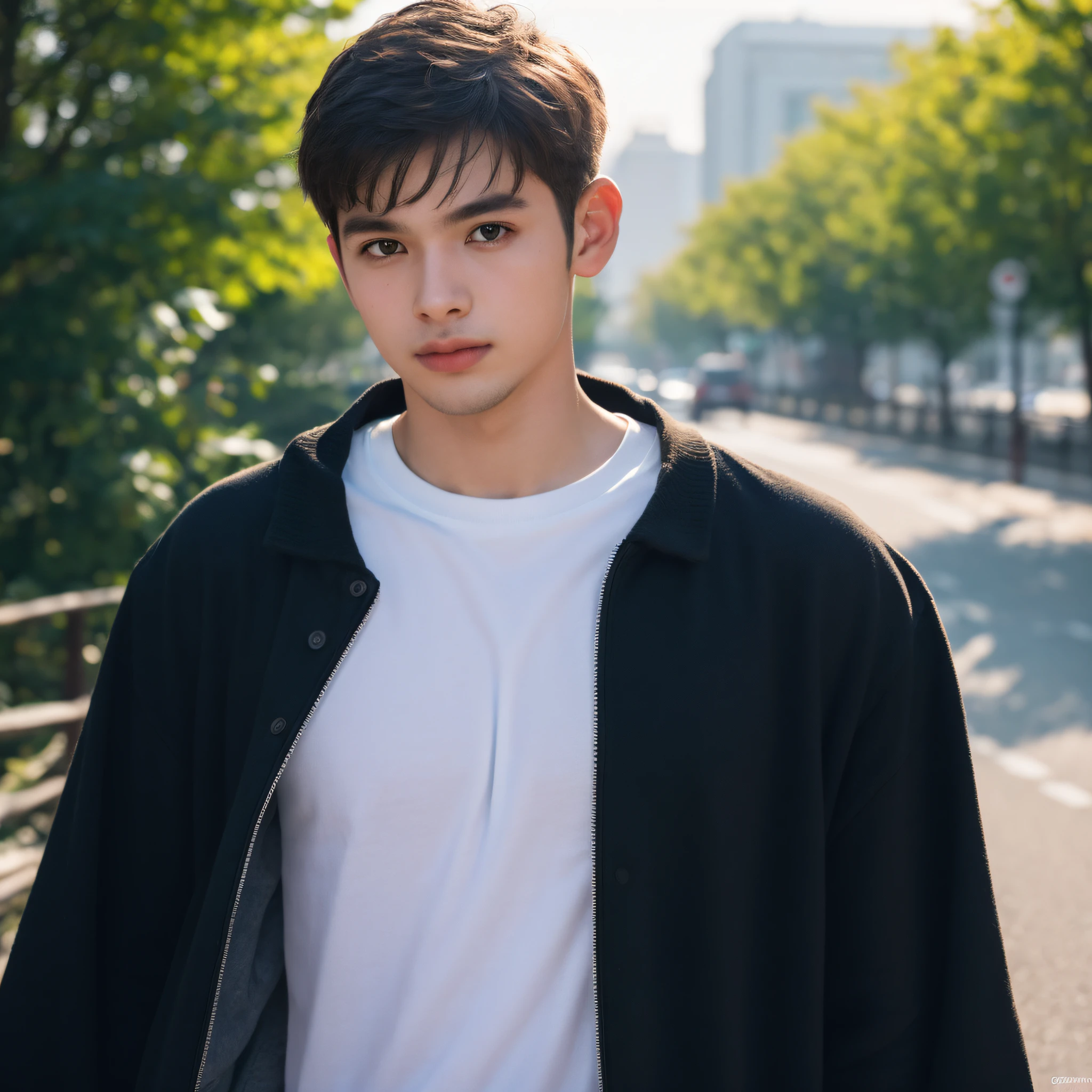 Raw photography, 1boy, Male Focus, Topless young man, hair messy, Looking at Viewer, in a street, Beautiful lighting, deepshadow, Best Quality, masutepiece, Ultra-high resolution, Photorealsitic, Blurry background、white t-shirts、Upper body 0.5，vividness, ((​masterpiece, top-quality, ultra-detailliert, ciinematic light, intricate detailes, hight resolution, 8k, ighly detailed)),detailedbackground, 8k UHD, Digital SLR, Soft lighting, hightquality, film grains, FujifilmXT3, Shallow depth of field, natural soft light, (perfect hand)、face perfect