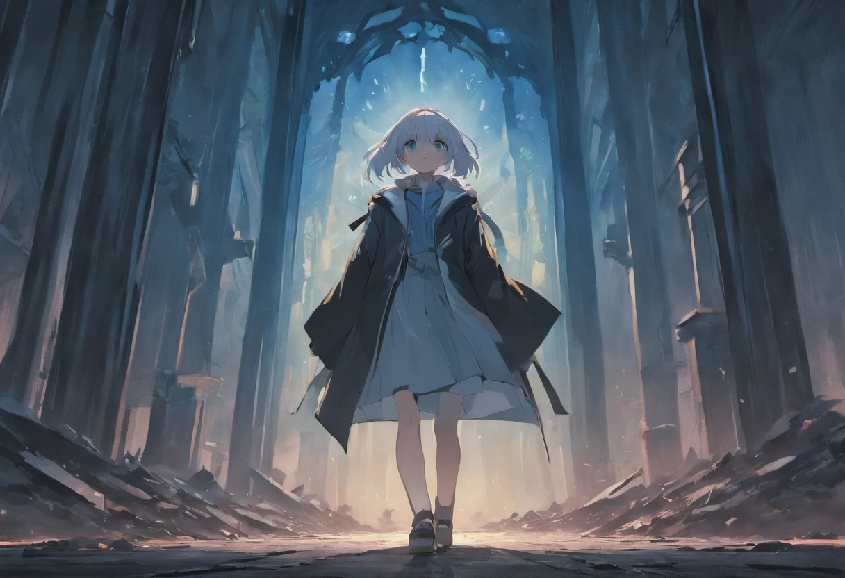 A black-haired man in an overcoat and a white-haired girl in a skirt face away from the photo,Walk through vast ruins,Under a black sky,In the distance, There is a blurry purple monster in the fog。