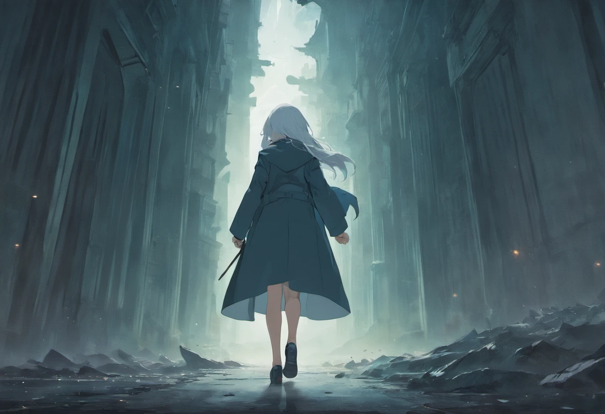 A black-haired man in an overcoat and a white-haired schoolgirl in a skirt face away from the photo，Walk through vast ruins，Under a black sky，In the distance, There is a blurry purple monster in the fog。