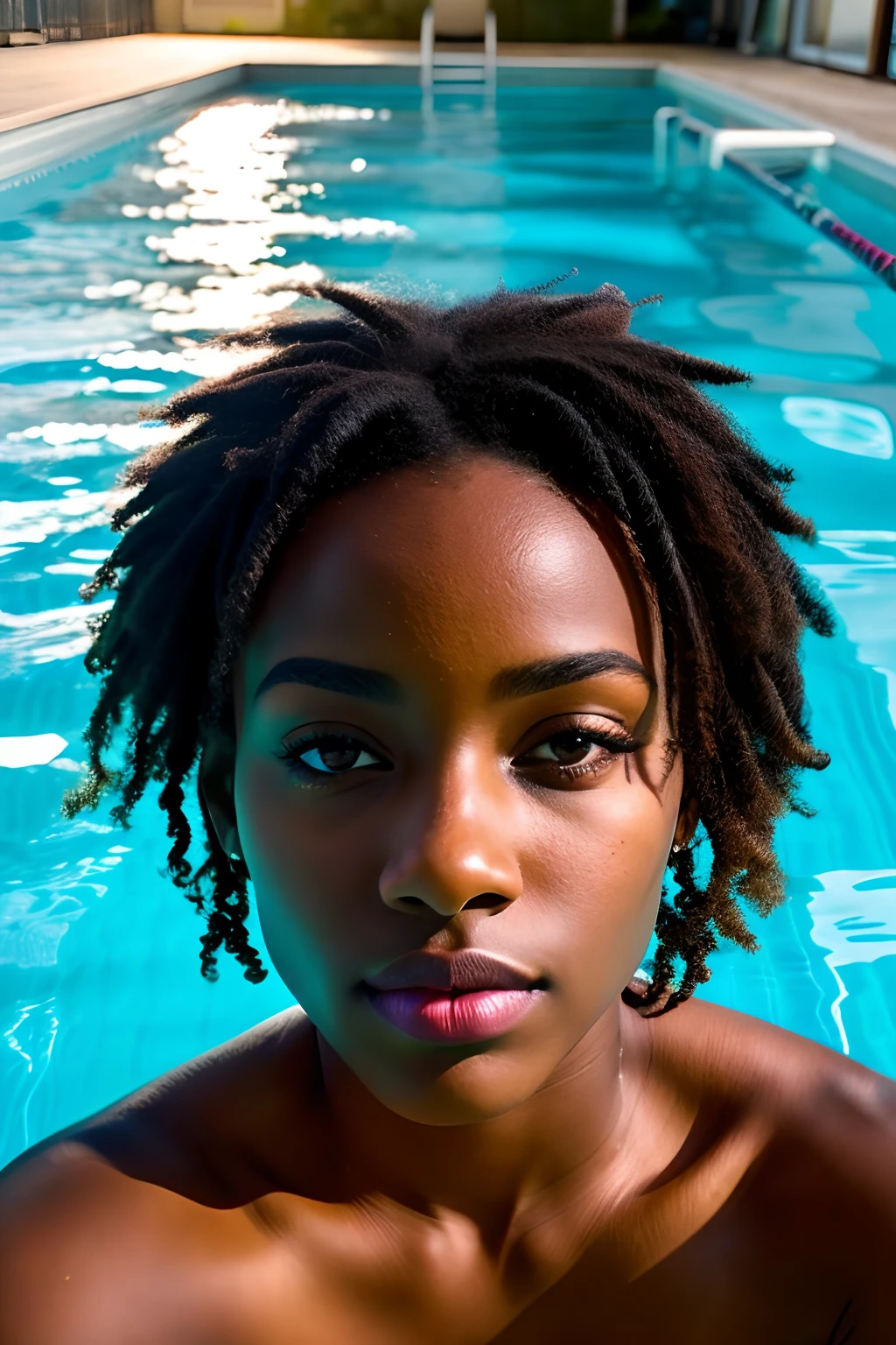 corps entier , beau visage, curly hair,Warm light and clear complexion, afro-american, Detailed, ultra quality, poitrine claire, mignonne, adorable, String rouge debout dans la piscine