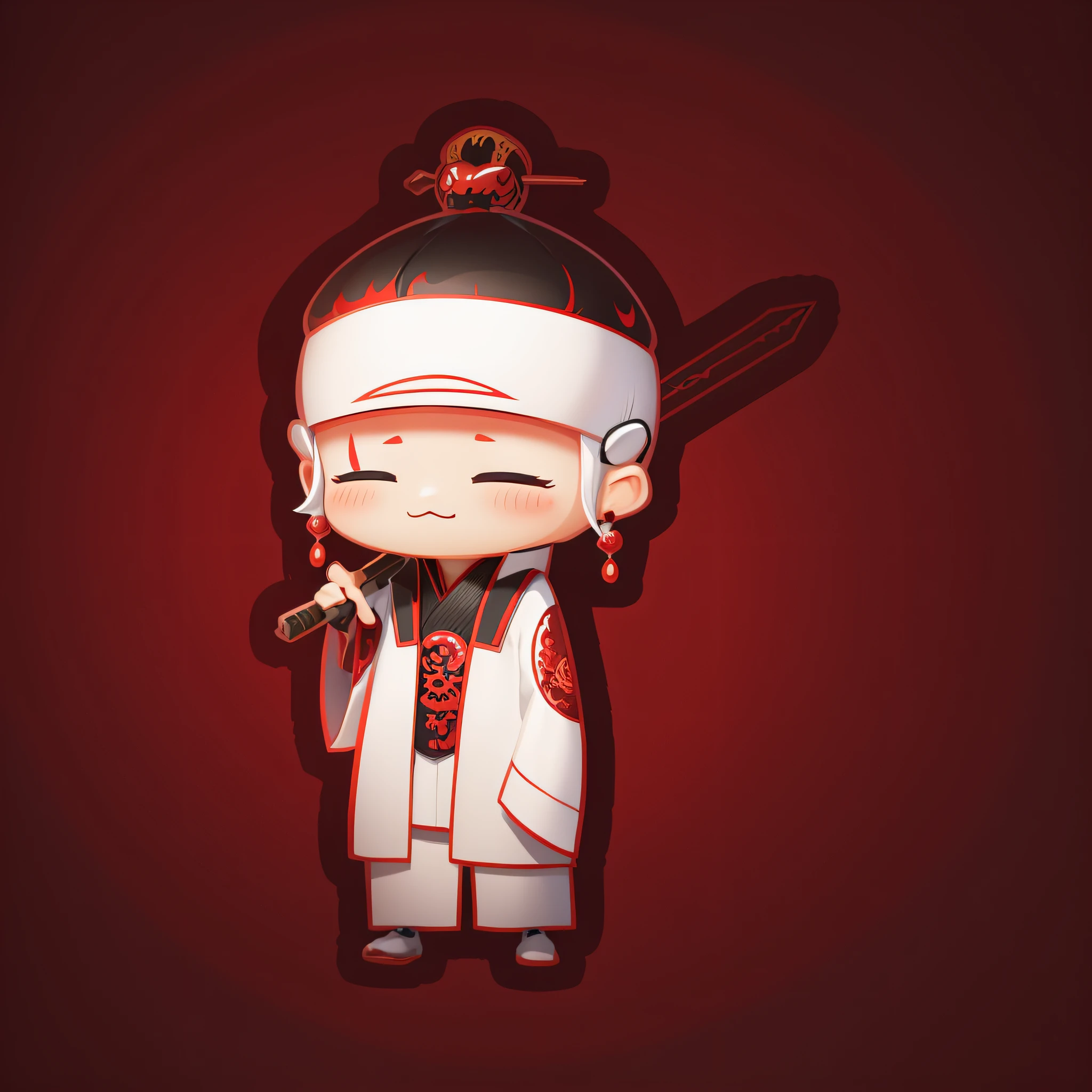 Chibi character with samurai outfit, background red dragon, long hair, white hair, masterpiece