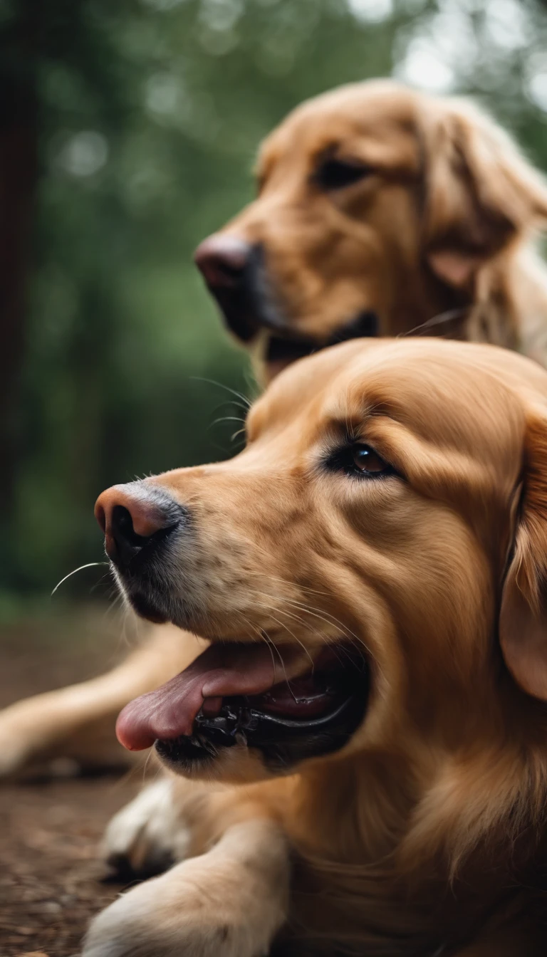 A golden retriever bites a whistle in his mouth and looks at his crying owner