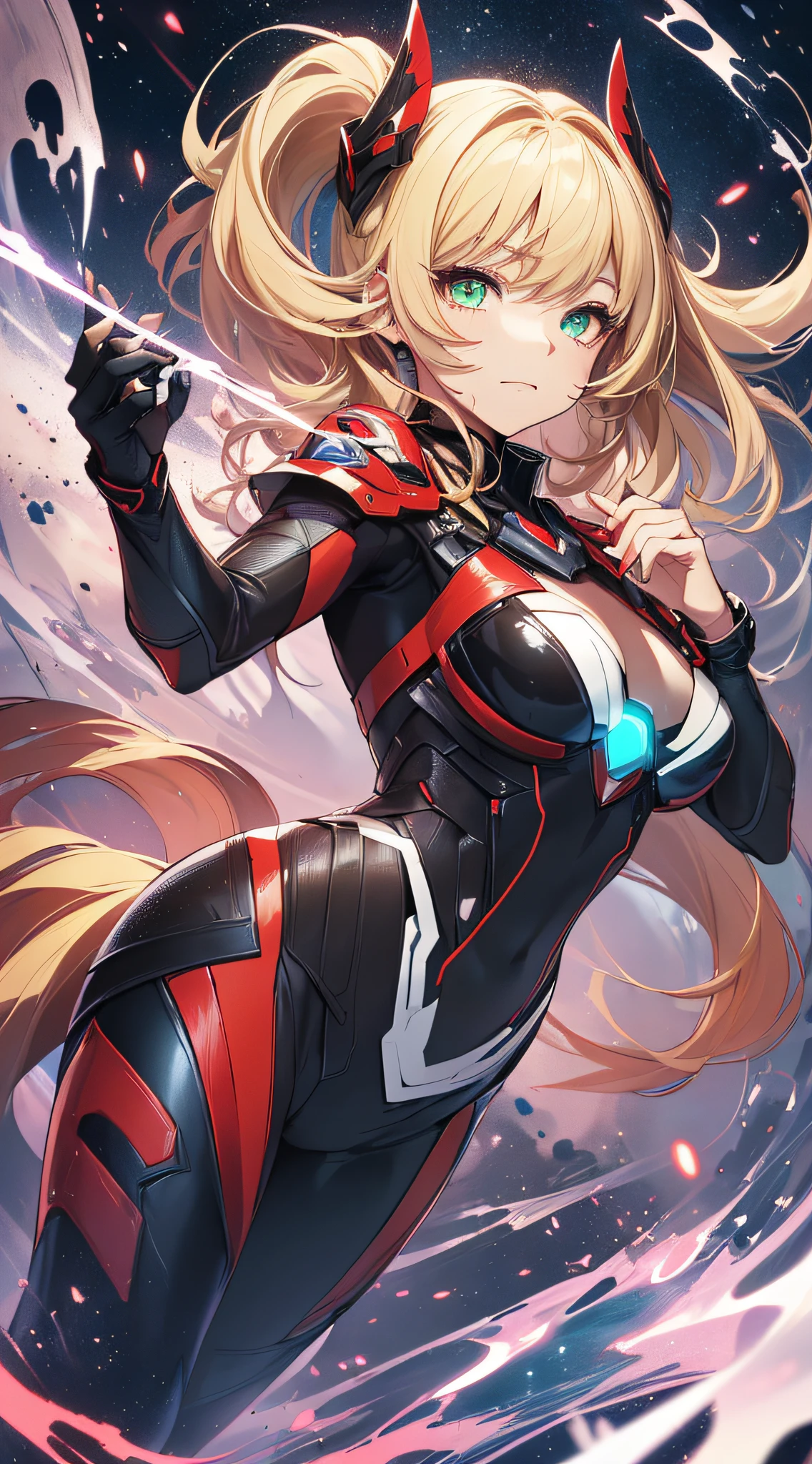 top-quality、Top image quality、​masterpiece、Android Girl((sixteen years old、Red, Black, Red and white glowing cybersuit、Blue energy source for the chest,Best Bust、Bust 90、Blonde Away Tail、Blue-green eyes、open chest wide、Valley、Happiness、A slender、Mysterious face、Drifting in the air,Particles of light、Sharp claw arm,battered body、mid air、Glowing eyes、Hold out your hands)）hiquality、Beautiful Art、Background with((mistic、Fantastic Universe))、masutepiece、Elaborate design、visualart、Theatrical films