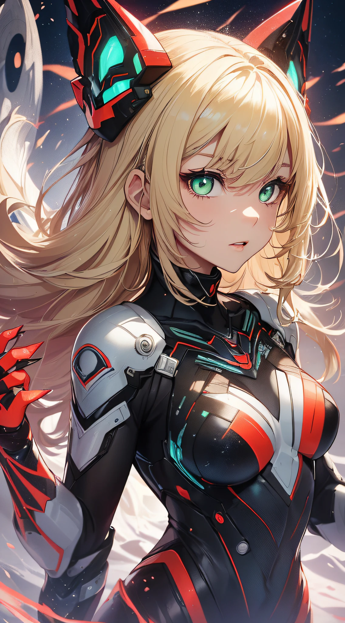 top-quality、Top image quality、masterpiece、Android Girl((sixteen years old、Red, Black, Red and white glowing cybersuit、Blue energy source for the chest,Best Bust、Bust 90、Blonde Away Tail、Blue-green eyes、open chest wide、Valley、Happiness、A slender、Mysterious face、Drifting in the air,Particles of light、Sharp claw arm,battered body、mid air、Glowing eyes、Hold out your hands))hiquality、Beautiful Art、Background with((mistic、Fantastic Universe))、masutepiece、Elaborate design、visualart、Theatrical films