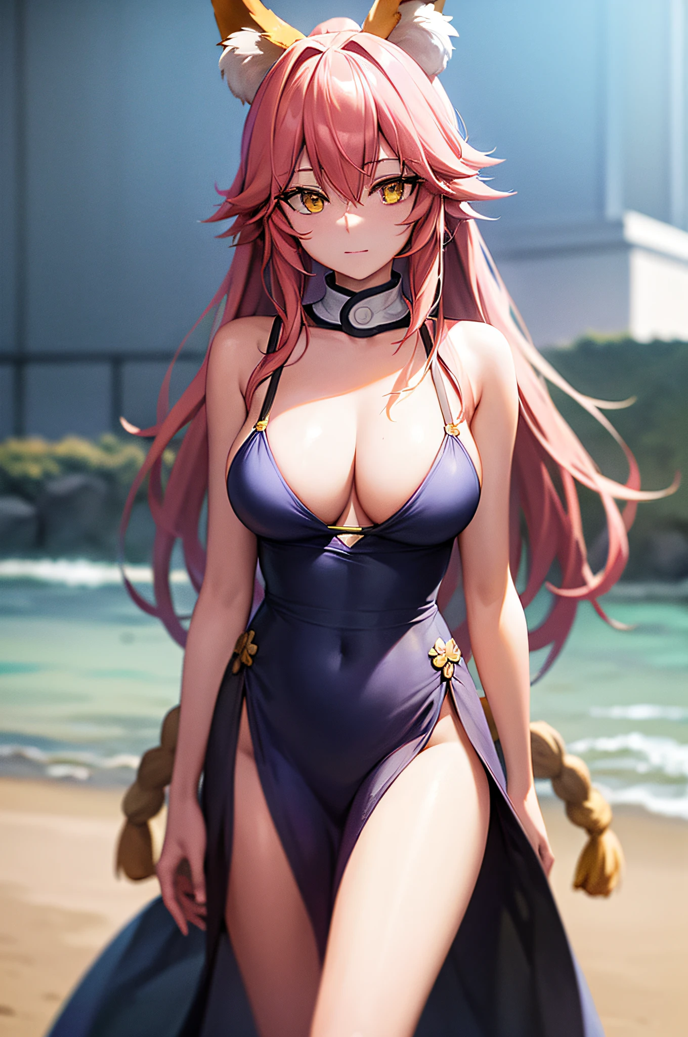 tamamo, tamamo, animal ear fluff, animal ears, fox ears, fox girl, fox tail, hair ribbon, pink hair, tail, (yellow eyes:1.5), BREAK cotton yukata, BREAK outdoors, beach, BREAK looking at viewer, BREAK (masterpiece:1.2), best quality, high resolution, unity 8k wallpaper, (illustration:0.8), (beautiful detailed eyes:1.6), extremely detailed face, perfect lighting, extremely detailed CG, (perfect hands, perfect anatomy),