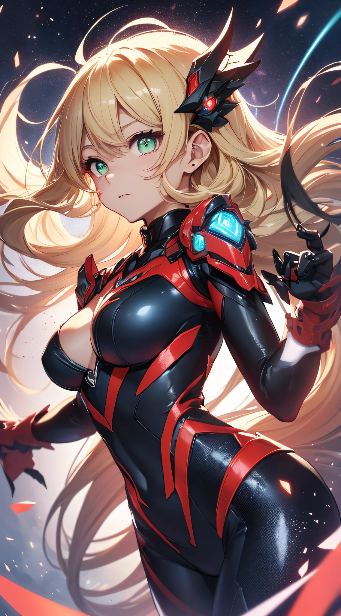 top-quality、Top image quality、masterpiece、Android Girl((、Red, Black, Red and white glowing cybersuit、Blue energy source for the chest,Best Bust、Bust 90、Blonde Away Tail、Blue-green eyes、open chest wide、Valley、Happiness、A slender、Mysterious face、Drifting in the air,Particles of light、Sharp claw arm,battered body、mid air、Glowing eyes、Hold out your hands))hiquality、Beautiful Art、Background with((mistic、Fantastic Universe))、masutepiece、Elaborate design、visualart、Theatrical films