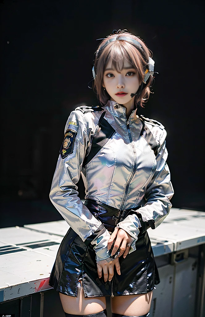 (Top Quality, Ultra High Definition, Photorealistic: 1.4), (cowboy shot:1), 1 Beautiful Girl, (Kpop Idol), Detailed Face, (Hair Style gradation:Pink:0.6Silver:0.4, fullbang, shortbob-style:1), Contrapposto, Perfect Anatomy, Smooth Skin, Professional Lighting, ((wearing Futuristic Police Racing Suits, low-mini-skirt, police wappen, High-tech Headset, military gun-corset, racing gloves, holding handguns with both hands)), (Cloths colors based on pink silver white black), (background, backstrage),