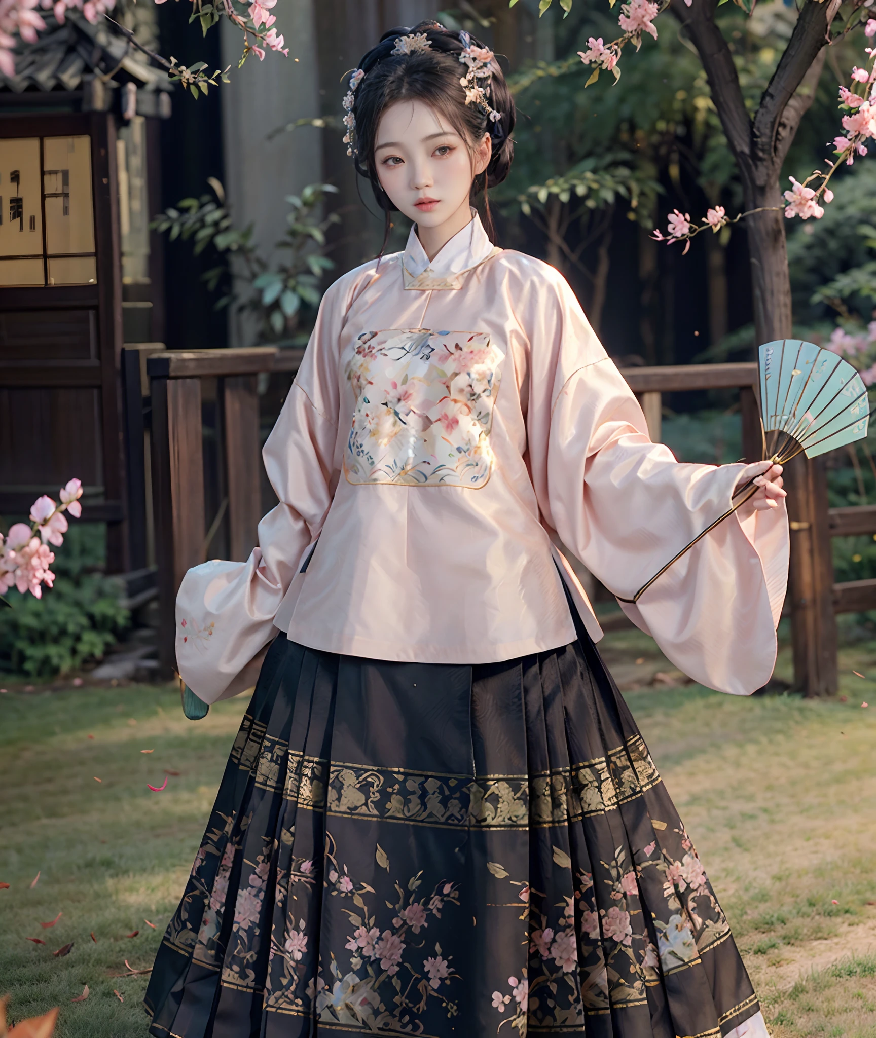 tmasterpiece，best qualtiy，ultra - detailed，（anatomy correct，Accurate and perfect Korean female face，exquisite facial features，Dexterous hands），1girl，a matural female，standing on your feet，Full body like，Hold a paper fan in your hand，Stand and dance in the middle of the beautiful cherry blossom park，Twist your waist，Cherry blossoms falling in background，Stay away from the lens，(Hanfu，Gorgeous Chinese Ming Dynasty costumes，Ming style clothing，Short pink coat，Black with dark gold pleated skirt，crewneck，Overlapping collars)，brunette color hair，looking at viewert，Detailed skin texture，Fine cloth texture，Nice and delicate face，with petals falling，Gorgeous headdress，1.4x realism，high detal，hyper HD，extremely detaile，（Extremely detailed picture），（light and shadow effect），，（Light particle tracing），（rendering by octane），（Best Painting），（Master painting），8K