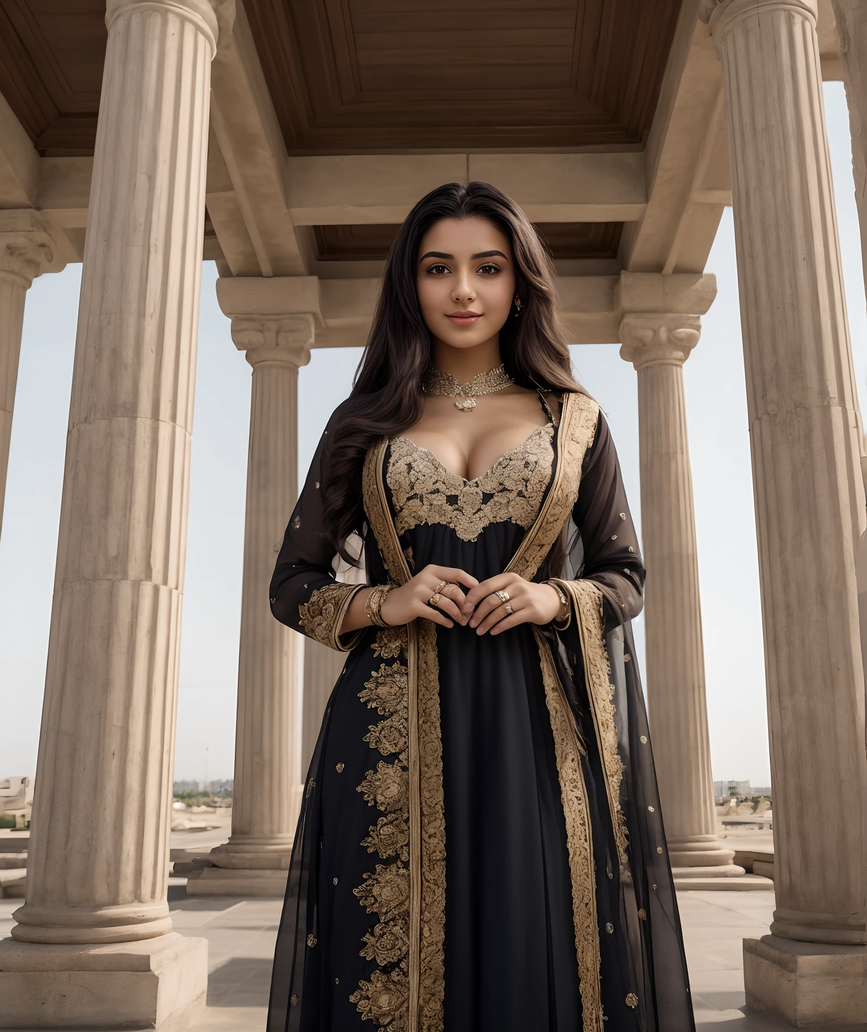 Beauty standing in front of the temple, only one girl, a 18 year-old iraqi teen model, absolute beauty, with long hair, wearing a traditional dress, she is getting ready for festival ultra-realistic, wearing hot deep neck top and dupatta, charming black hair, blonde, hyper-realistic, ultra-detailed, hyper-detailed, 35mm F/28, hyper-detailed full body shot of a woman, nice face, smile, sexy body, aesthetic body, goddess, face focused, 8K, HD Crisp Upscale, realistic lying, RAW photography, best quality: 1.4, temple on the background, Beautiful details eye, open cleavage, thick thighs, wide hips, long hair, High-detailed, --v5