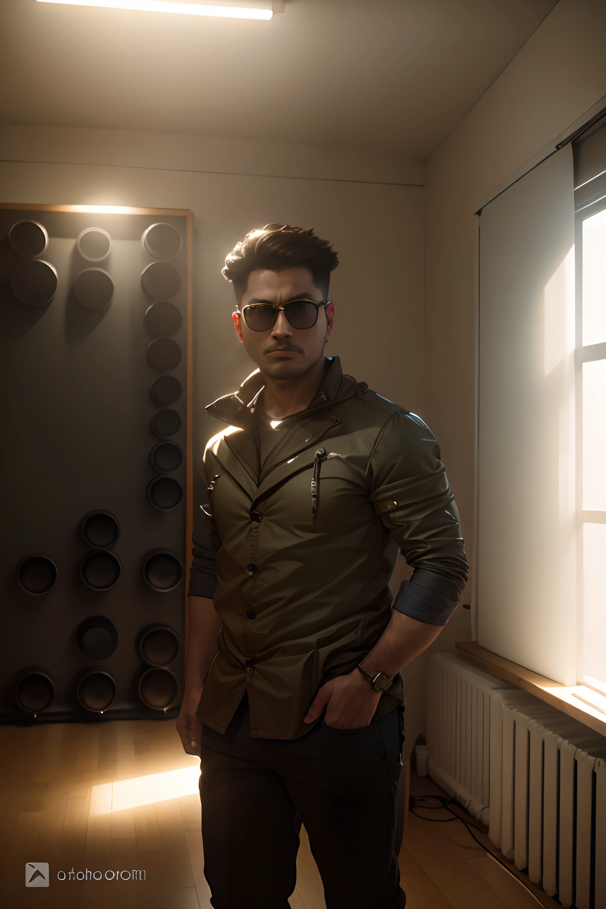 In a studio room with light,