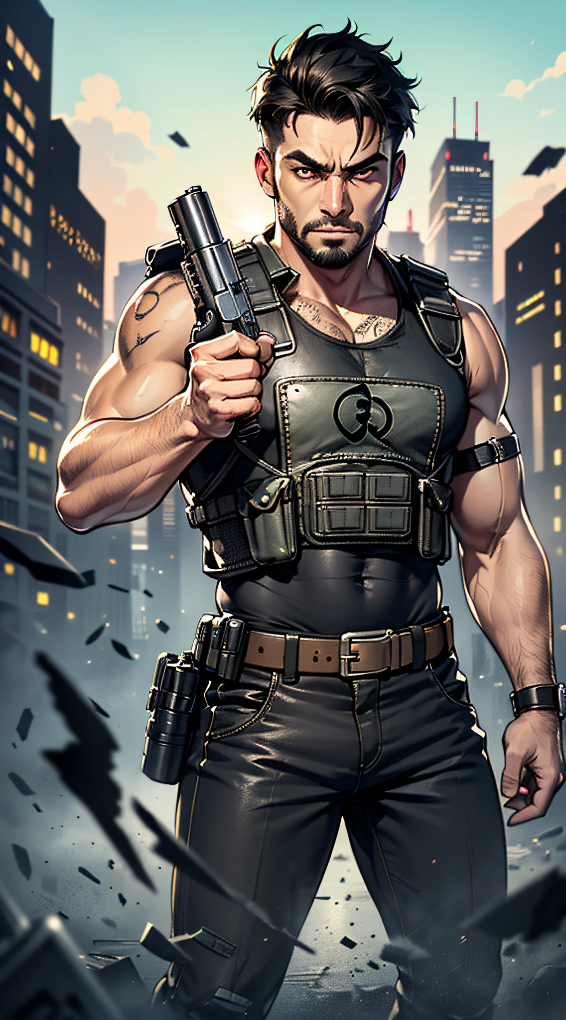 top-quality、Top image quality、​masterpiece、male people((25-years old、 well-muscled、Black short-sleeved T-shirt、Long black trousers、A dark-haired、Luminescent eyes、Shout Face、macho、Kiai Pose、２Din pistol、bulletproof vest、Holding a handgun with both hands)）hiquality、Beautiful Art、Background with((Tattered city、battle field))、masutepiece、Elaborate design、visualart