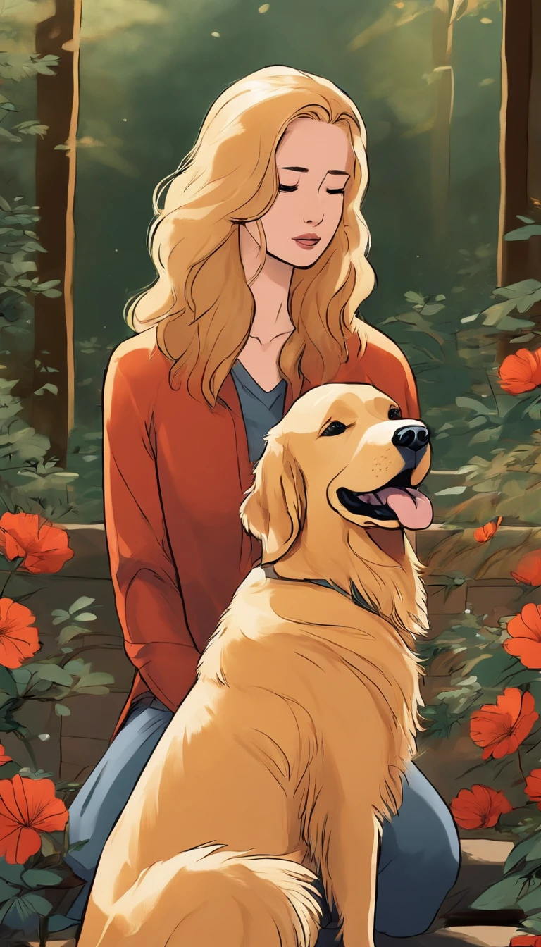 A golden retriever looks at its weeping owner,Anime comic style