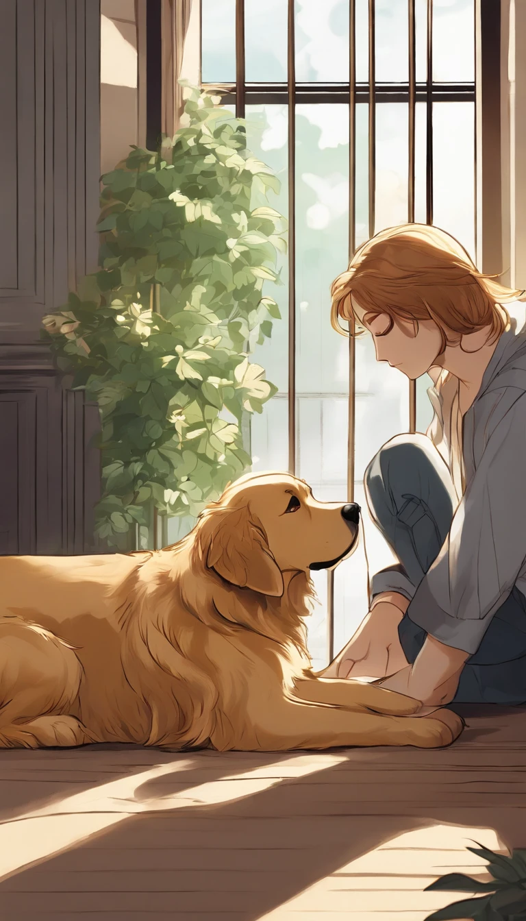 A golden retriever looks at its weeping owner，Anime comic style