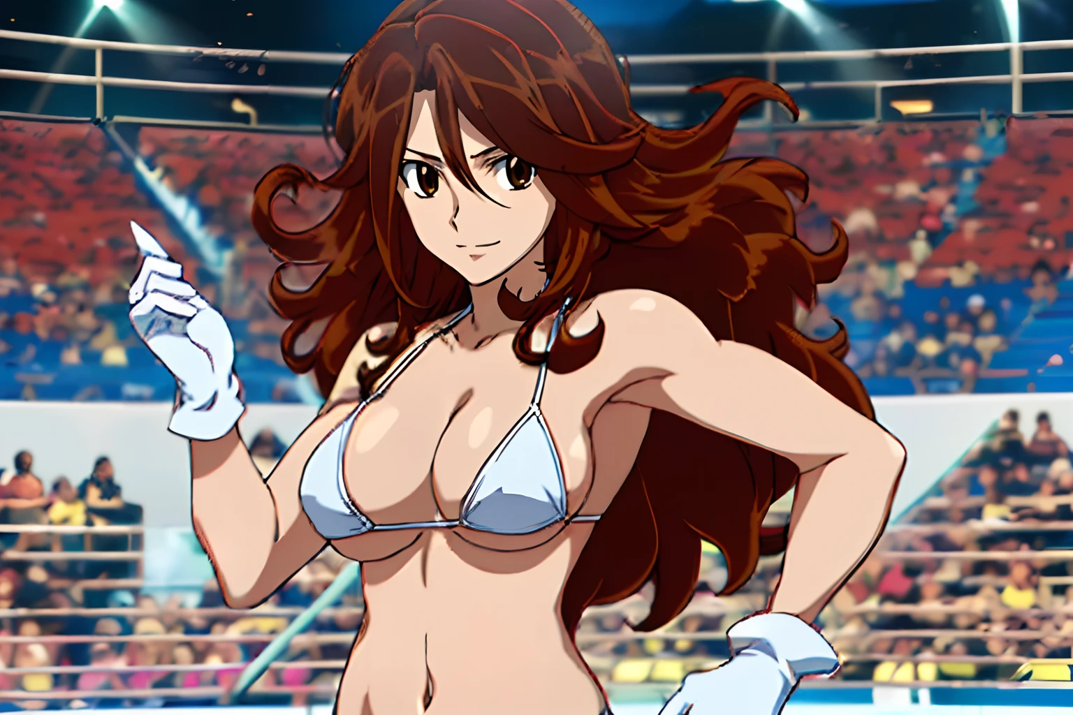 cowboy shot, upper body view, anime style: 1.8, anime drawing, ultra detailed face, ultra detailed body, 4k, Sumergai Lee Noriega, (standing), best quality, anime style, hires, highest definition, digital blending, bold drawing lines, ((slender body, female wrestler), (location: wrestling arena, crowds watching), (weak body, slender body, broad shoulders, slim arms, little biceps, thighs), ((white micro bikini, shorts, groin, white boots, white gloves, collar)), victorious, winner, smile, , (big breasts), (big eyes, brown eyes), (warming up), (brown hair, loose hair, curly hair, wavy hair, long hair, missy hair), 27 years old, (both hands waving)