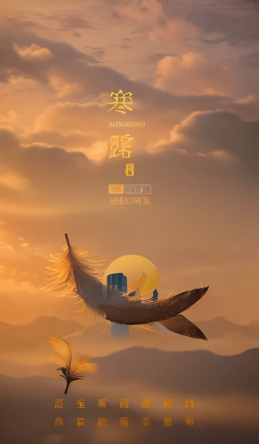 In the background there is a poster with feathers and buildings, Middle metaverse, Chiba Yuda, inspired by Chen Daofu, Wang Chen, 2022, 2 0 2 2, author：Cheng Jiasui, inspired by Cheng Jiasui