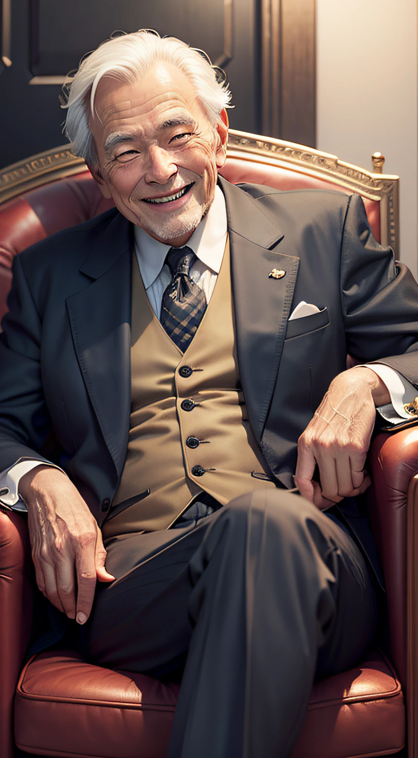 Sitting on a classy sofa、Smiling dignified rich 60-year-old American man