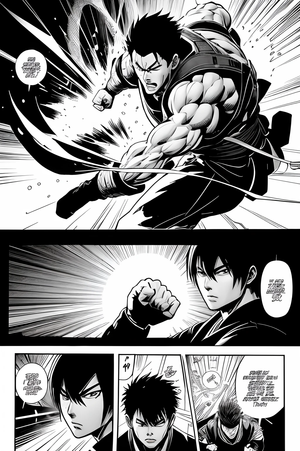 Black and white Japanese manga,There are multiple panels on the page:: Jump Magazine,Hot-blooded martial arts comics, Comic books about Beidou,author:tatsuki fujimoto。Shake your fist,Fatal blow,Highly detailed dynamics reveal the film's clear lines, Stunning,Vivid lighting and vivid shadows,Smoke transformation,Arc of light,Explosive particles,Strong visual impact. --niji 5 --q 2 ---16K(Speech bubbles with text on the picture,Comic sound effect stickers)