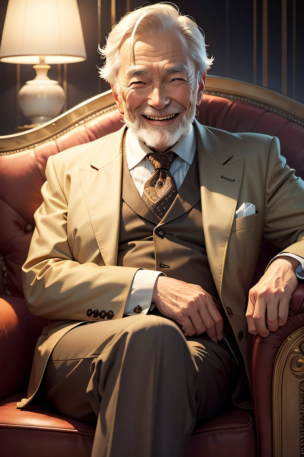 Sitting on a fancy sofa、Smiling dignified rich old man