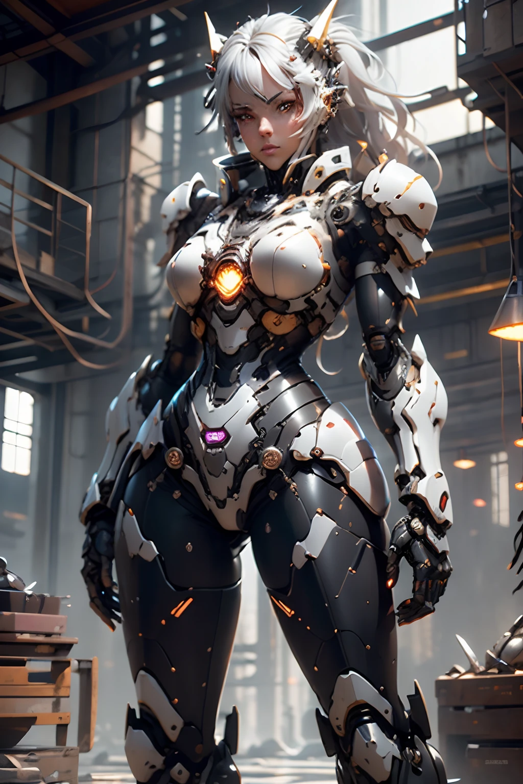 Beautiful Alluring Cyborg mecha knight female, Metal Chrome Bare Skin, Athletic Well Toned Body, exposed mechanical parts and wires, mechanical limbs, glowing mechanical parts, machine and human, wires instead of hair, In a derelict Laboratory, Barely Clothed, glowing neon parts, Cyberpunk Theme, Computerpunk, Beautiful D&D Character Portrait, Beautiful Face, Ominous, Dark Fantasy, Fiverr Dnd Character, Octane Render, Digital Art, Extreme Detail, 4k, Ultra Hd, Polished, Beautiful, Hyperdetailed, Intricate, Elaborate, Meticulous, Photorealistic, Sharp Focus, Wlop, Character Design, Unreal Engine, 3d Rendered, Volumetric Lighting, Reflections, Glossy, Digital Illustration, Sensual Pose, Suggestive Pose, Full Body Shot,  💖❤💕💋❣