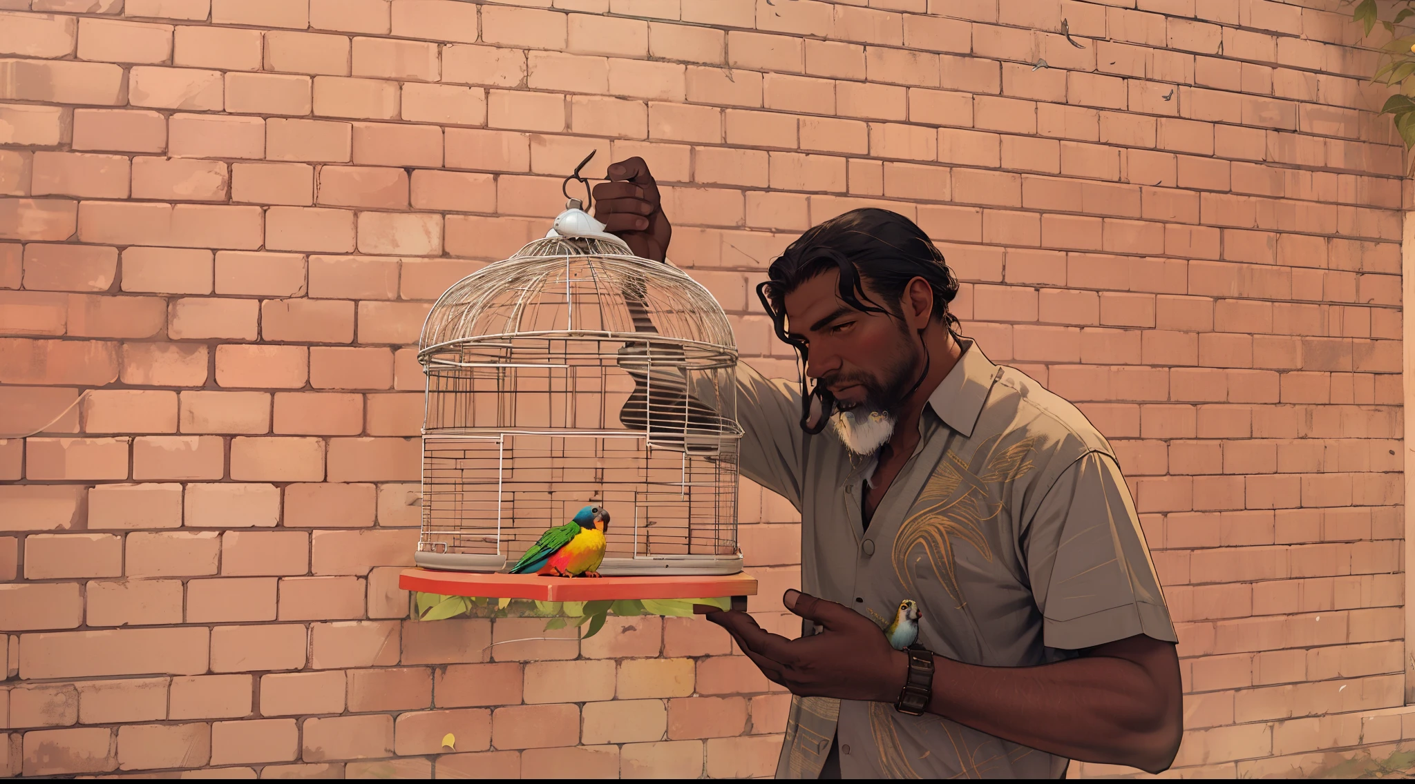 there is a man holding a bird cage with a bird inside, with his pet bird, holding electricity and birds, wizard holding a cage, pet bird, slightly realistic, by Ingrida Kadaka, with chicks, video still, wonderful scene, 4 0 9 6, with a big parrot, an old man with 7 yellow birds, beautiful man, very very precise