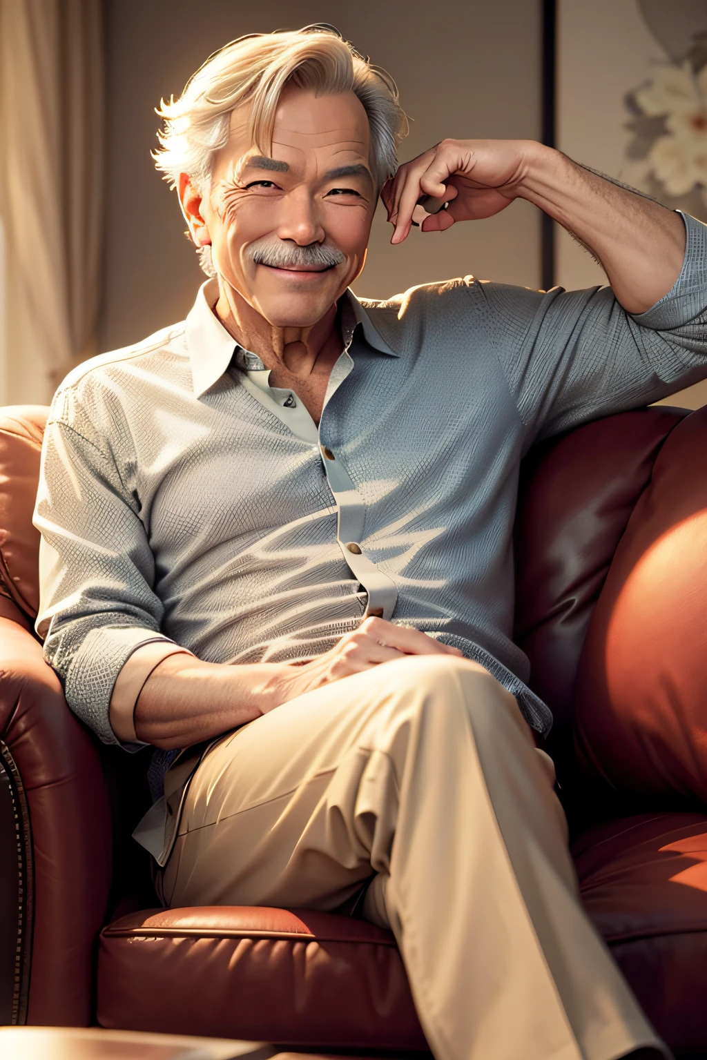 Sitting on a classy sofa、Smiling dignified rich 60-year-old American man