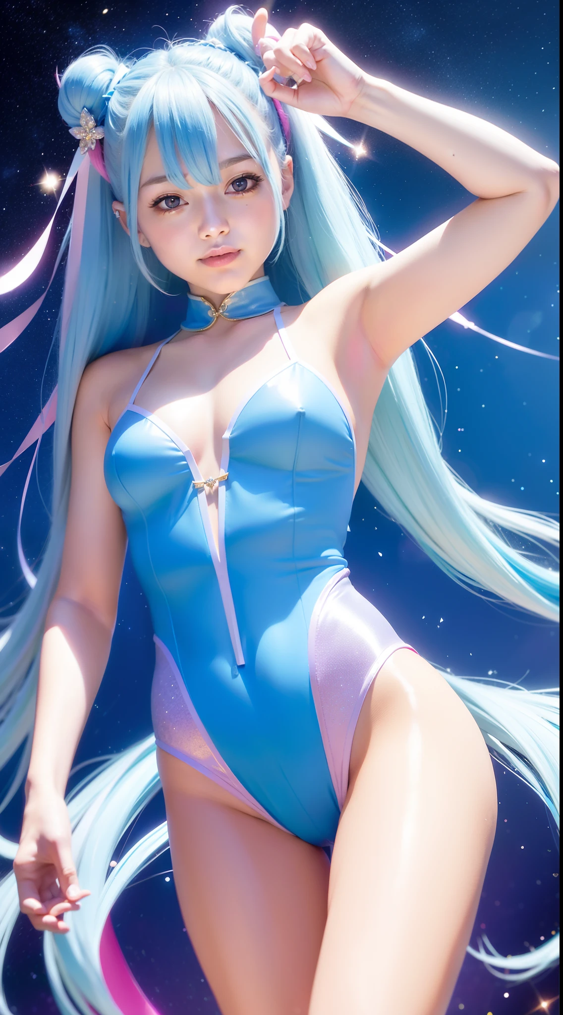 Super Idol　a beauty girl　A charming smile　sky blue hair　length hair　Twin-tailed　Glittery bright pink and white and blue and yellow leotards　facing front　Mystical　Fantasia　constellation　a moon　Crystal Brilliance　Aurora Borealis in the Night Sky