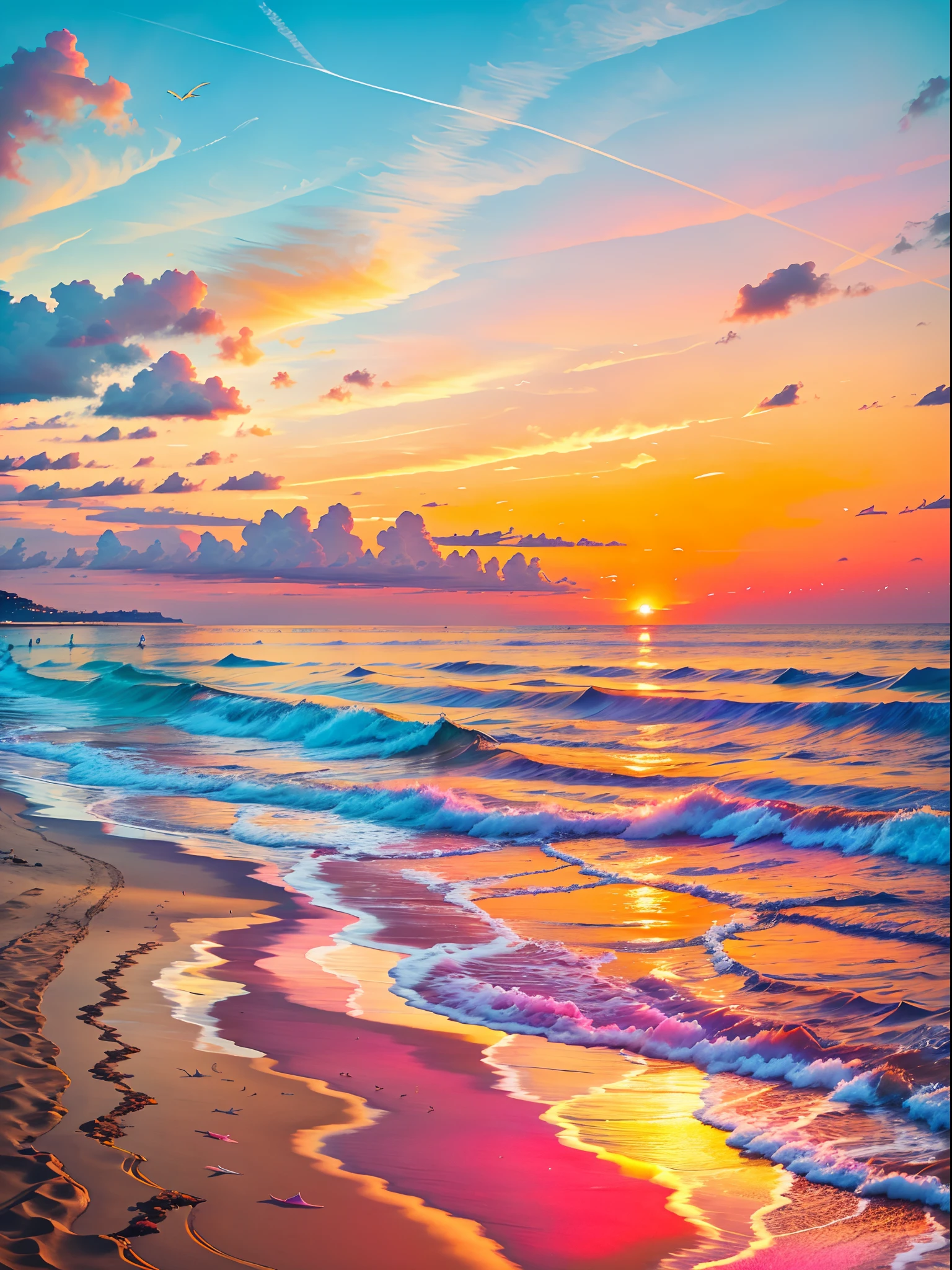 An absolutely mesmerizing sunset on the beach, with a mix of orange, pink, and yellow in the sky. The water is crystal clear, gently kisses the coast, and the white sand is endless. The scene is dynamic and breathtaking, with seagulls soaring high in the sky and palm trees swaying softly. Immerse yourself in the calm atmosphere and let the serenity surround you.