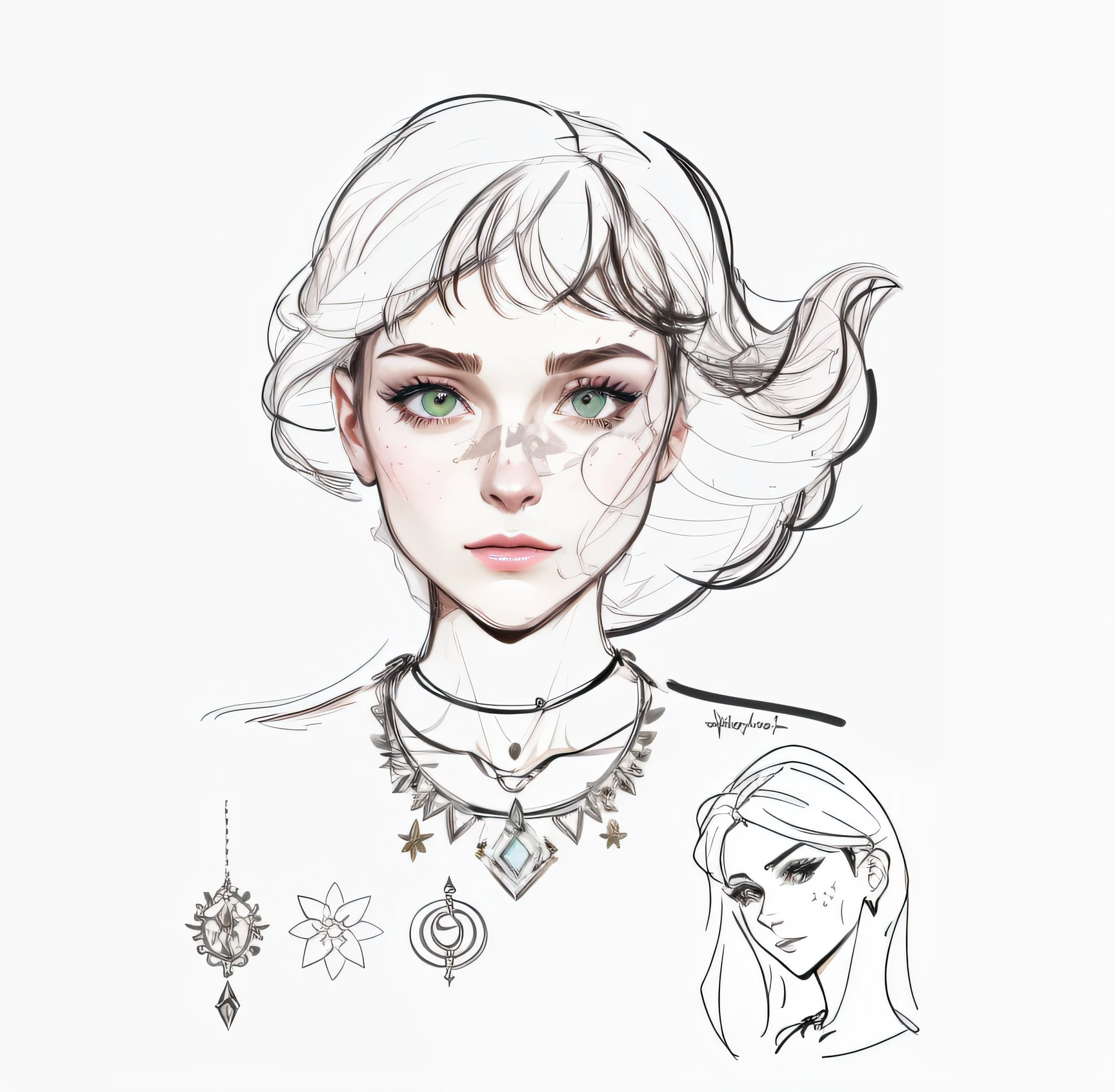 Painting of a woman wearing a necklace and necklace, character concept portrait of me, character design portrait, Character illustration, portrait character design, character concept portrait, unrealistic character concept, Character design sketch, character headshot concept art, detailed character portrait, Character art portrait, Detailed character design, stylized linework, Character drawing, fantasy character concept, character face study