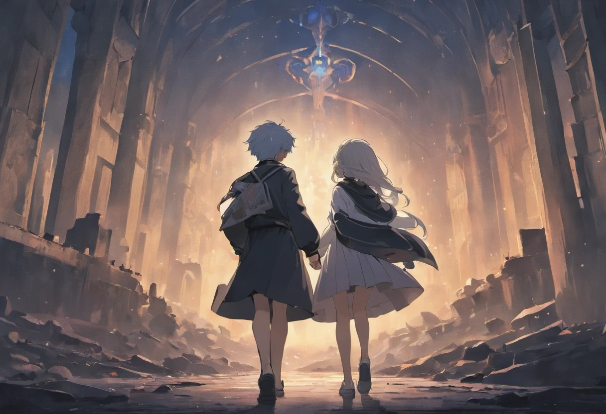 A dark-haired man in a student uniform and a silver-haired girl in a skirt face away from the photo,Walk through vast ruins,Under a black sky,In the distance, There is a fuzzy black monster in the fog。