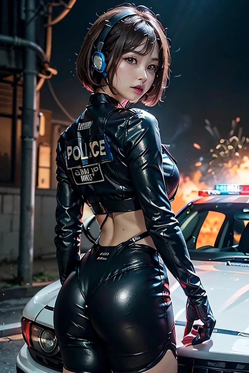 of the highest quality, Ultra high definition, (Backlight), (Photorealistic: 1.4), (Cowboy Shot:1), 1 beautiful girl, (Kpop Idol), Detailed face, (hair style: Pink:1, Fulvan, Short Bob Style:1), facing, Perfect Anatomy, Smooth skin, Professional Lighting, ((Wearing futuristic police racing suit, Police emblem, High-tech headset, military harness, racing gloves, Handgun)), Outer honey bob hairstyle, ("police", Cloth color based on silver-pink-black-white), (Background, crashed car, fire, (explosions)),