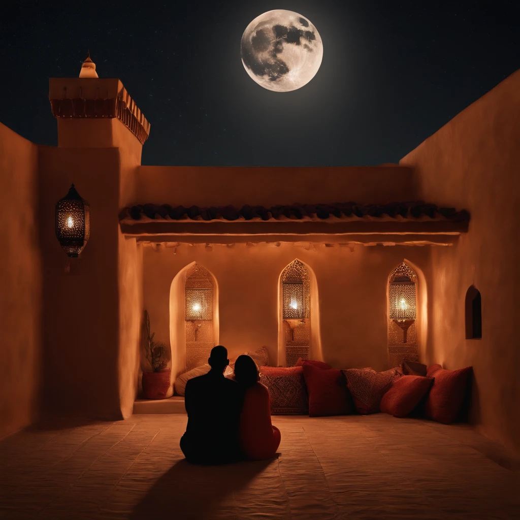 hyper realistic photo, ultra detailed photograph of a beautiful Moroccan rooftop, man and woman from behind, face hidden, towards view, praying together, photorealistic, riad rooftop, Amazigh pillows, Marrakech view, stunning moon, shimmering stars, iridescent, hyperrealism, moroccan lamps, Ultra photoreal, Intricate details, Ultra detailed, photorealistic, great high details, hyper real photo, 8k, extreme quality, gorgeous roses, exotic, glimmering lights, magical, romantic, wishing